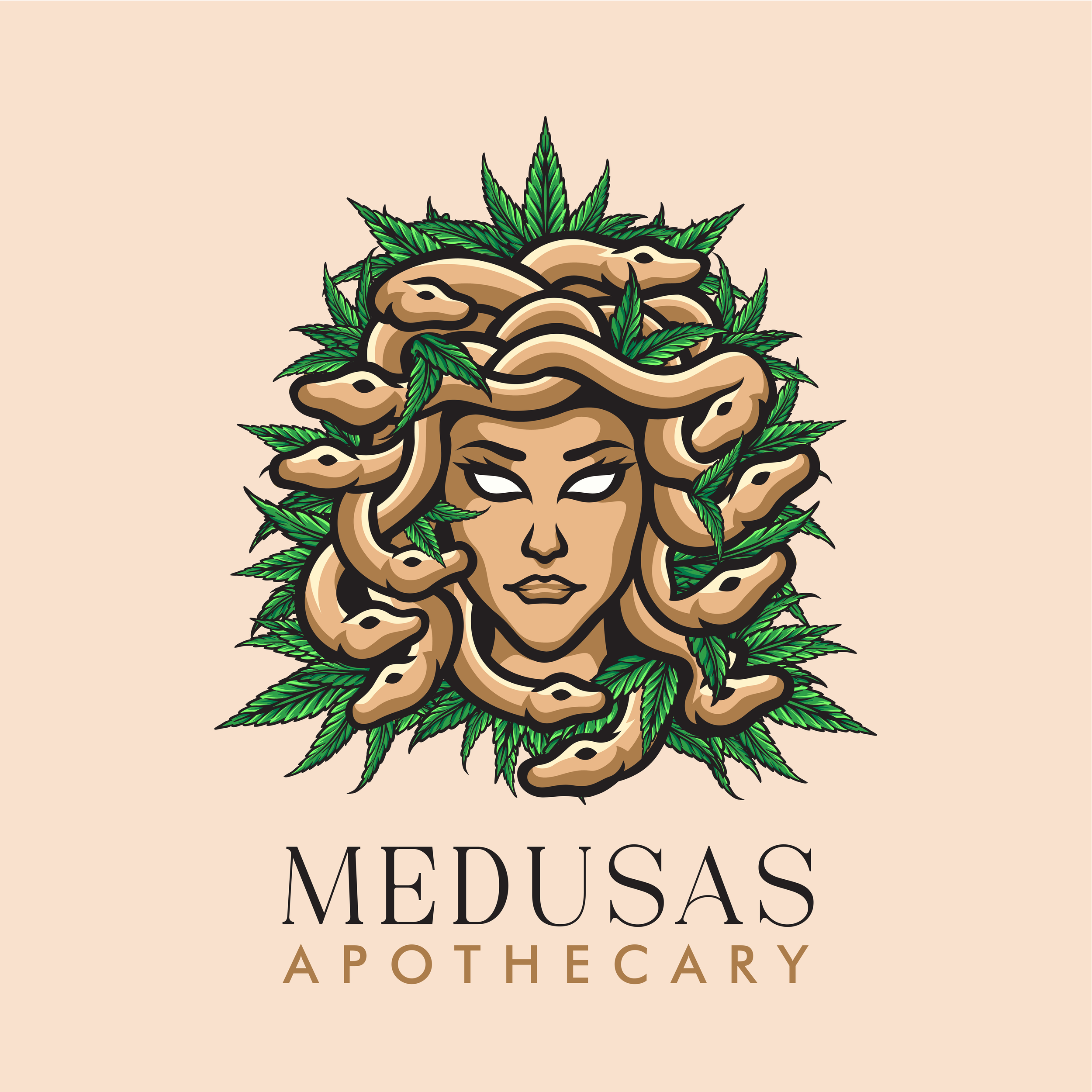 Illustration of Medusa with snake hair and cannabis leaves surrounding her head, with the words "Medusas Apothecary" below.