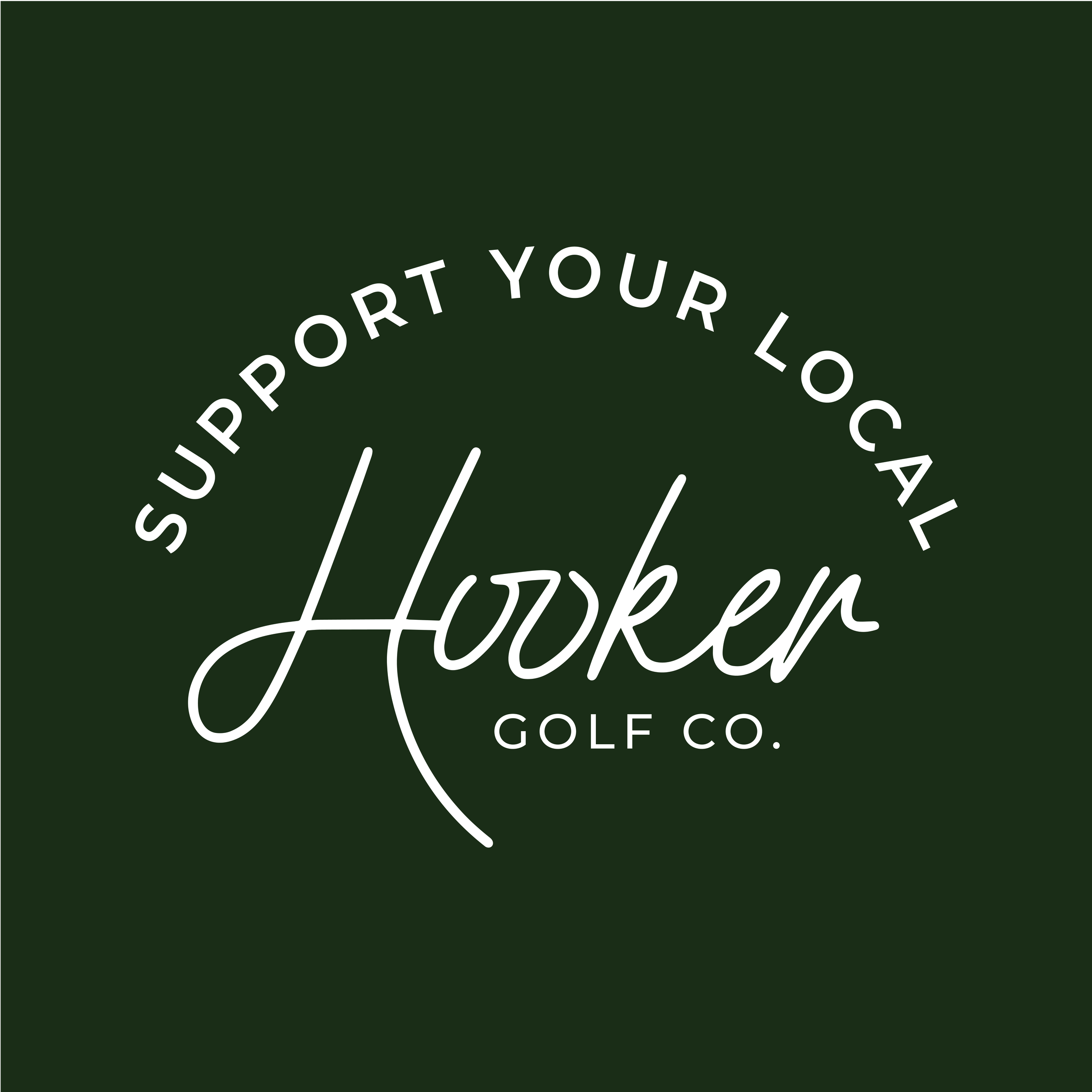 Logo for Hooker Golf Co., with the text 'Support Your Local Hooker Golf Co.' on a dark green background.