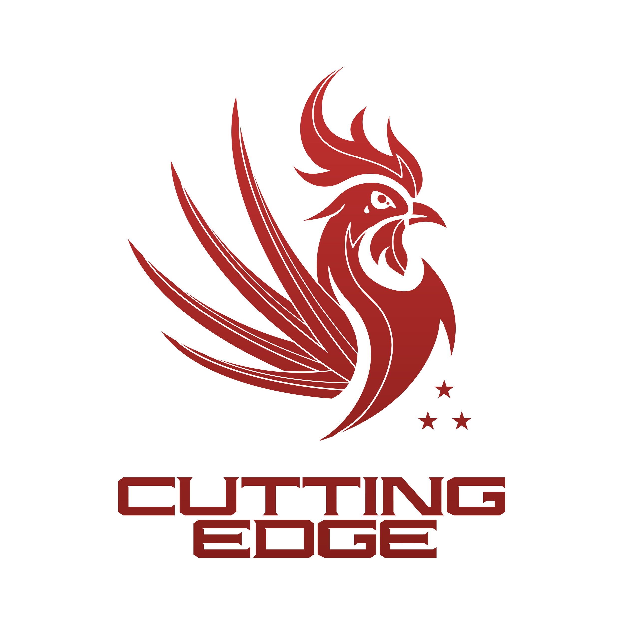 Stylized red rooster with the words "Cuttling Edge" beneath it, featuring three stars nearby, all on a white background.