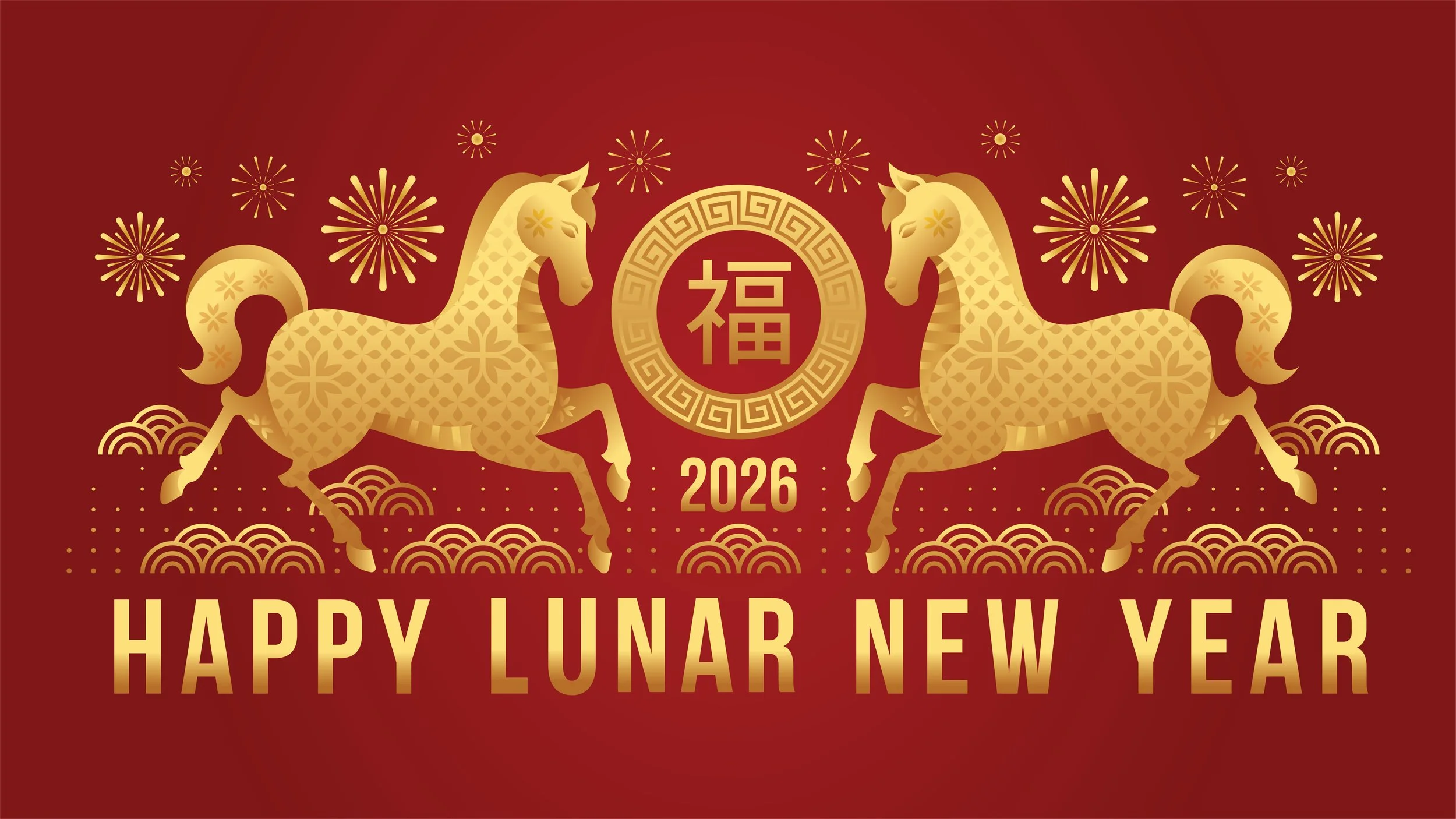 Gold horses an a red background with the phrase "Happy Lunar New Year" captioned below.