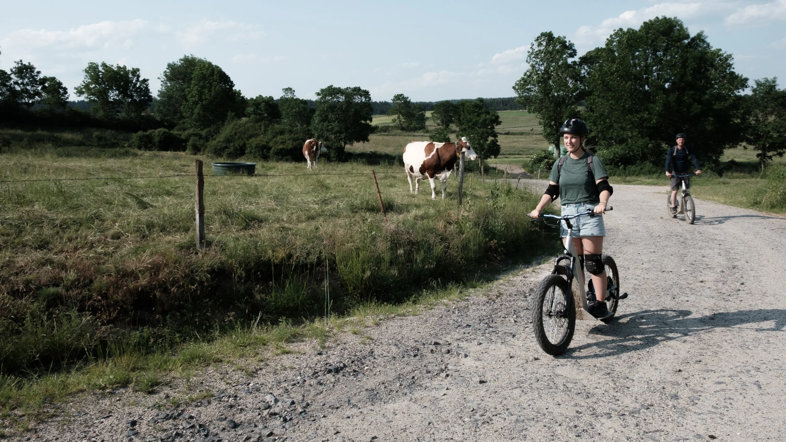 Riding electric kick scooter in Lozère south France 