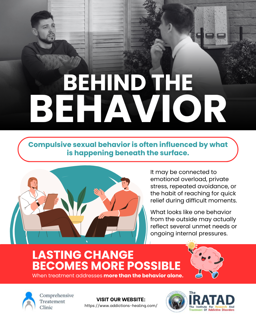 A featured image with the title "Behind the Behavior" and an illustration of a therapist and a patient. The therapist is taking notes, and the patient is talking. The image suggests a deeper understanding of human behavior.