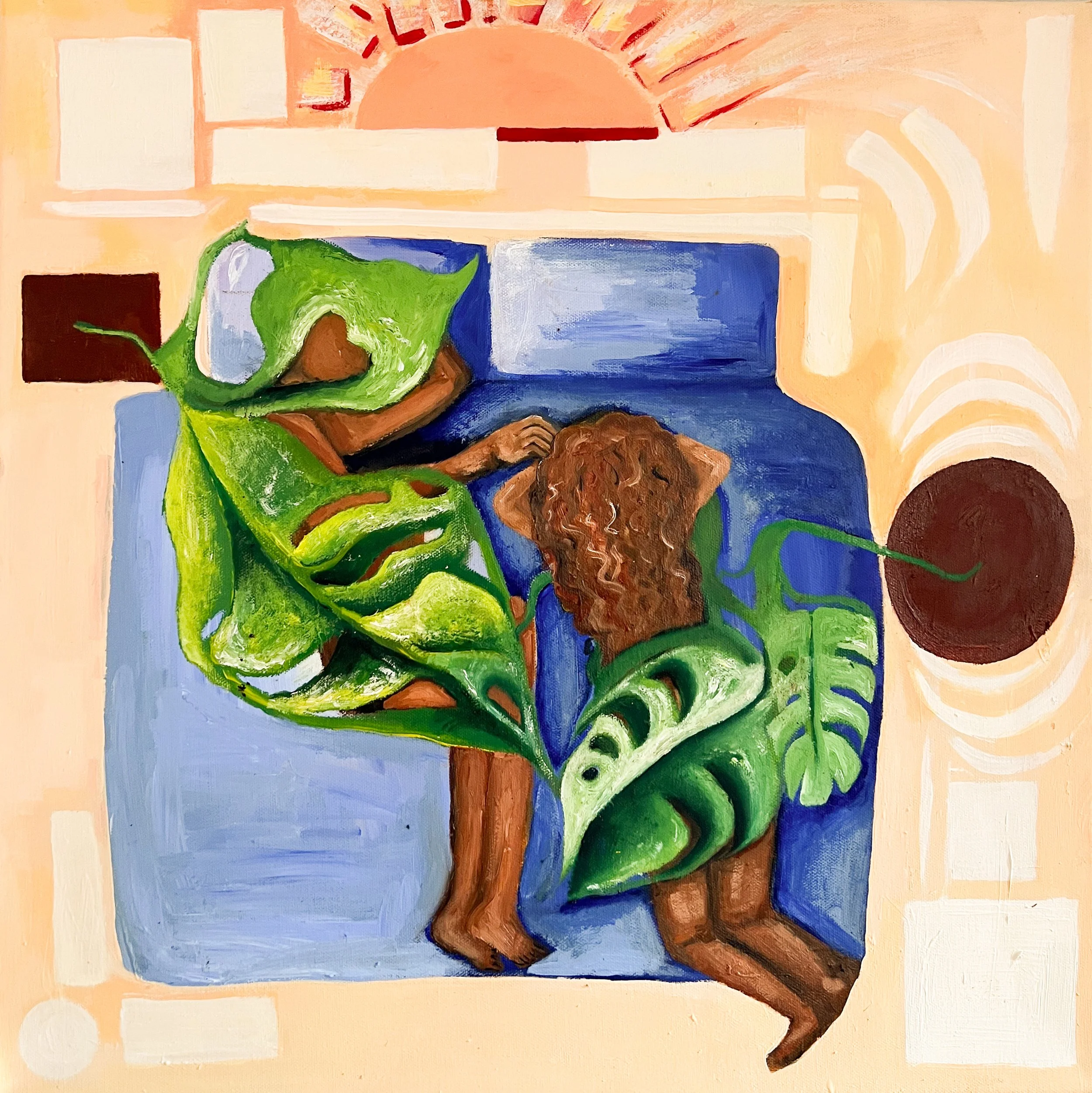 A painting of two people with bodies made of large green leaves, sitting on a blue couch under a setting sun, with a warm peach background and abstract shapes.