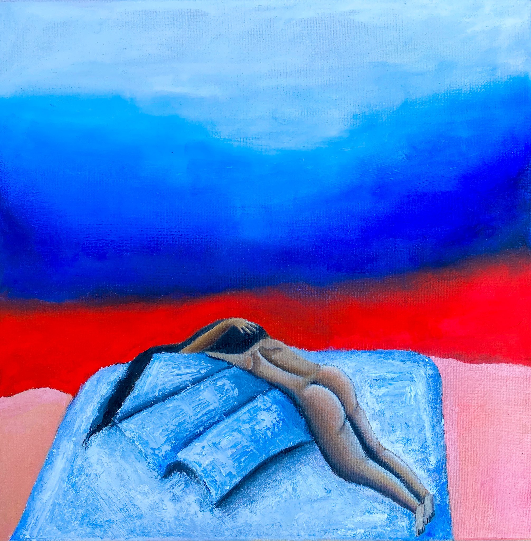 A painting of a nude woman lying on a large blue blanket with a background of red and blue sky.