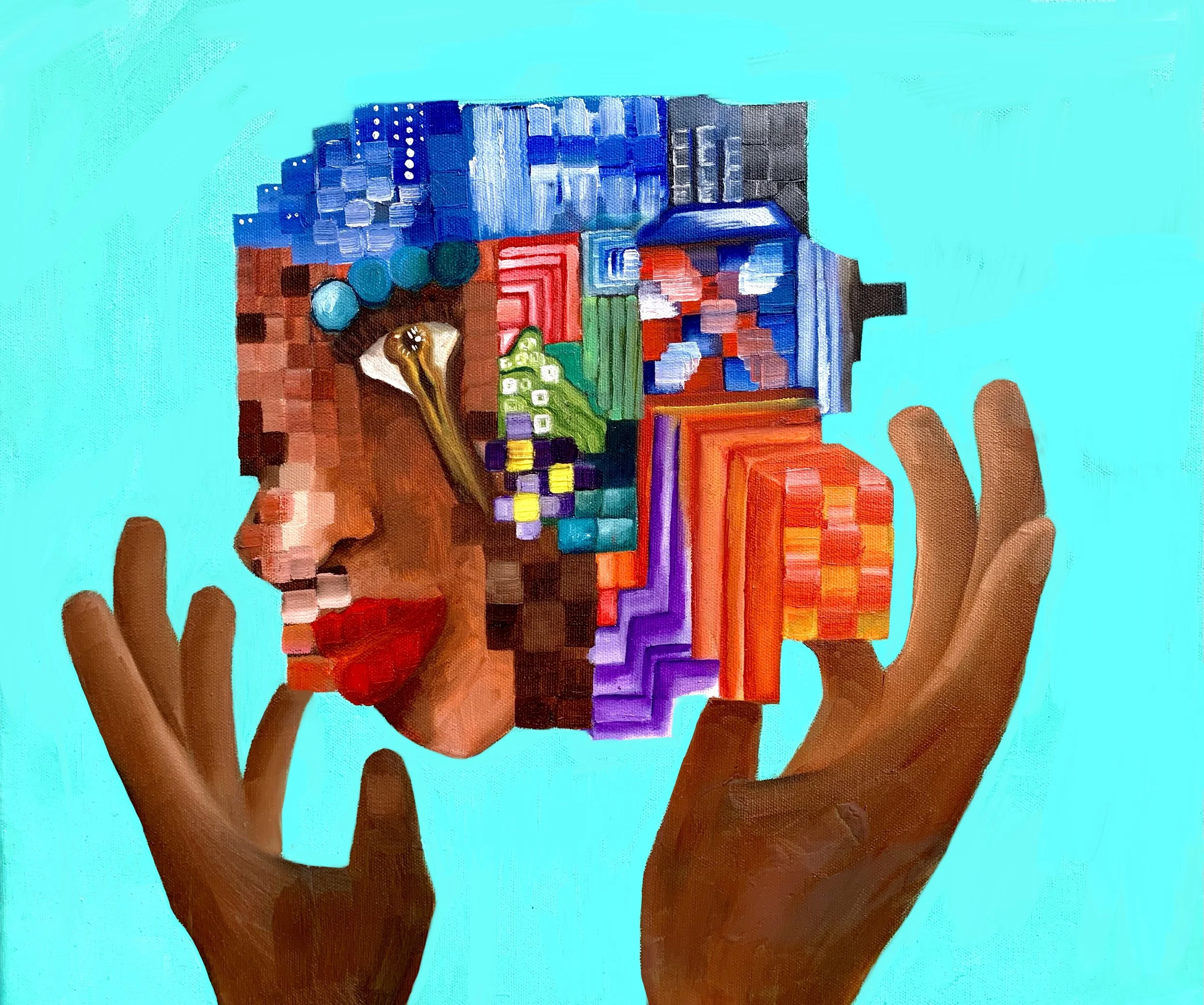 A surreal artwork of a human face made of colorful geometric blocks, held up by two realistic human hands against a bright blue background.