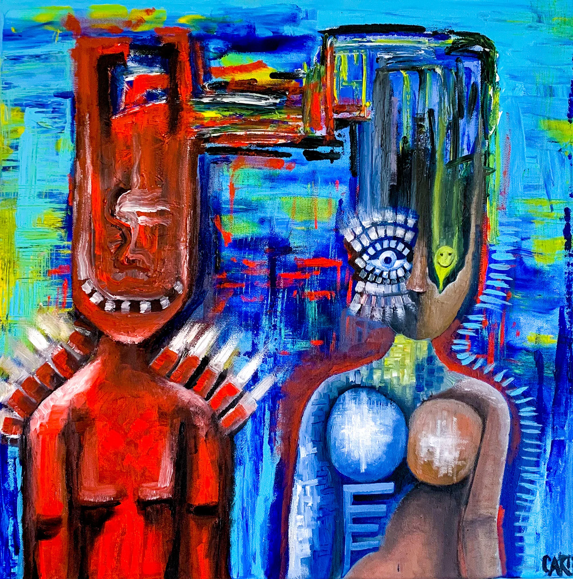 An abstract painting featuring simplified human faces and figures, with vibrant colors including red, blue, green, yellow, and black. The composition is expressive and textured, with bold brushstrokes and geometric shapes.