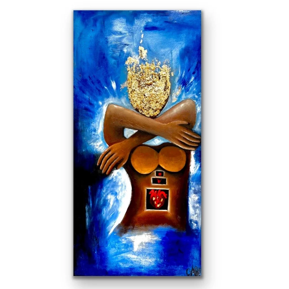 Abstract painting of a female figure with golden hair, crossed arms over her chest, against a blue background. The figure's torso is open, revealing internal organs including the heart, lungs, and a smiling face within the stomach area.