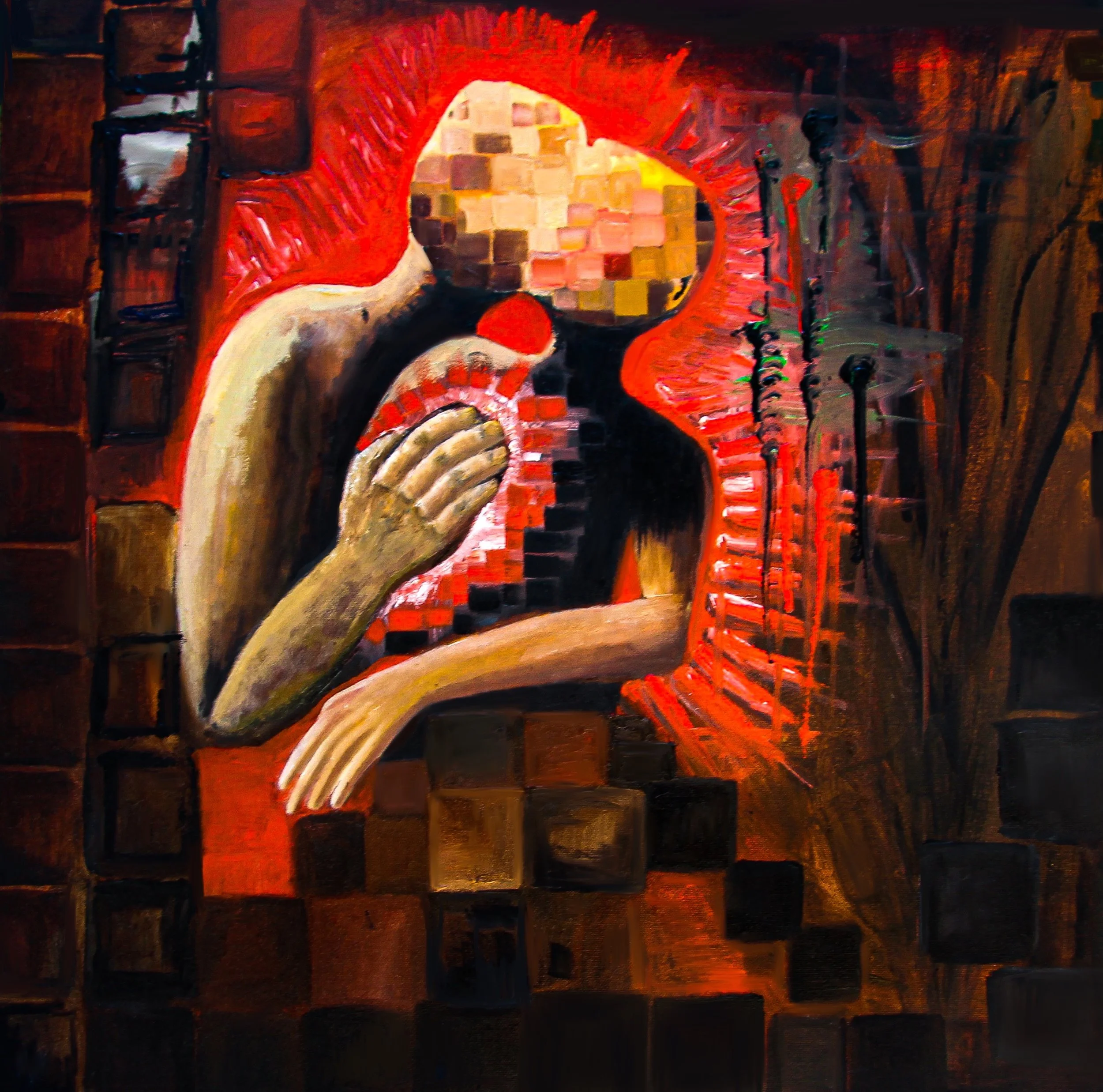 A painting of a person with a mosaic face, sitting with hands covering chest, surrounded by red and black abstract elements.