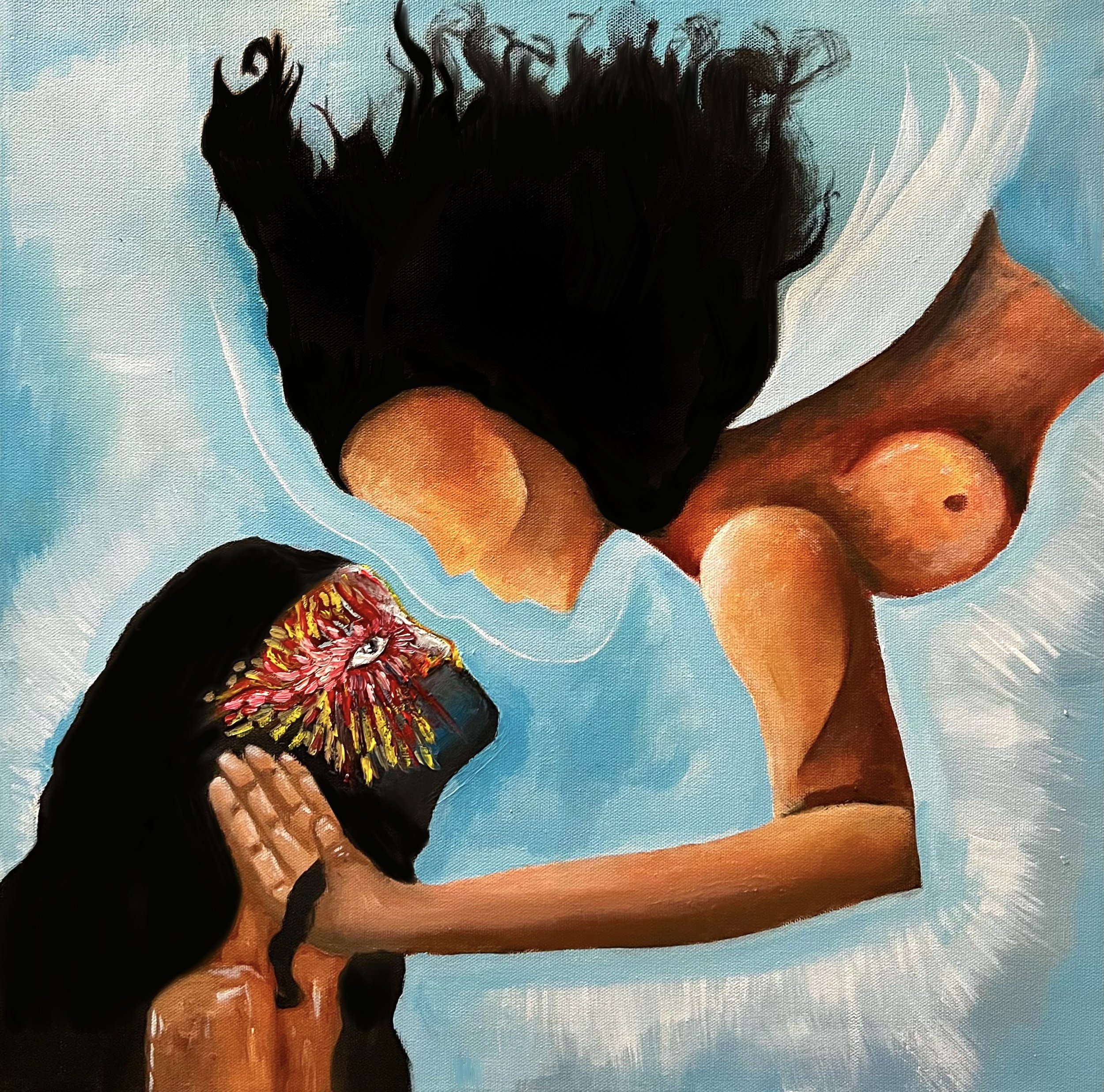 An abstract painting depicting a woman with black hair and a swimsuit looking at a supermoon. The woman’s face is covered with colorful, fiery patterns. The background includes a blue sky with white streaks.