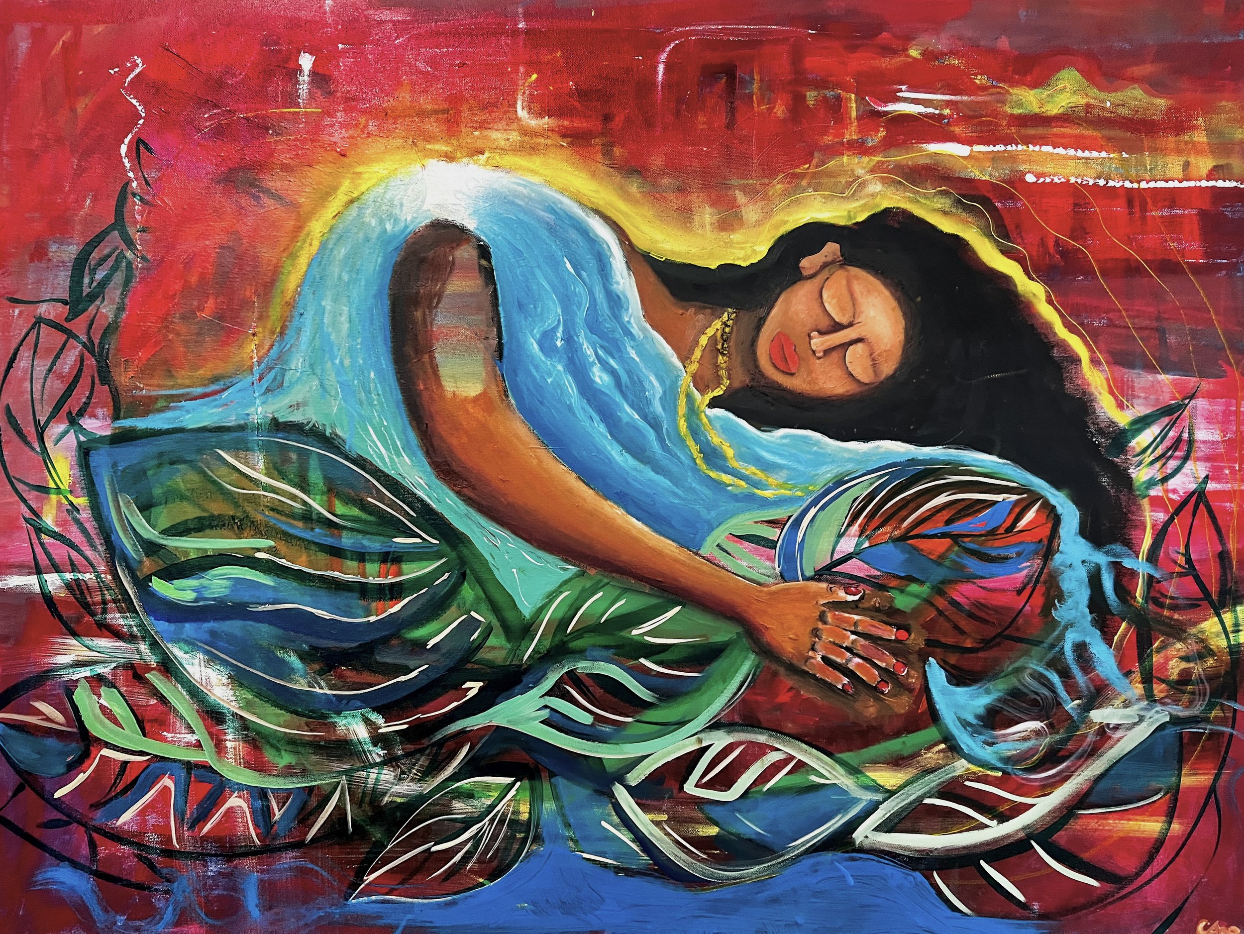 A colorful painting of a woman with long dark hair, dressed in a multicolored dress, lying on her side on a bed of large green and blue leaves. The background is red with yellow accents, and the woman appears to be sleeping peacefully with her eyes c
