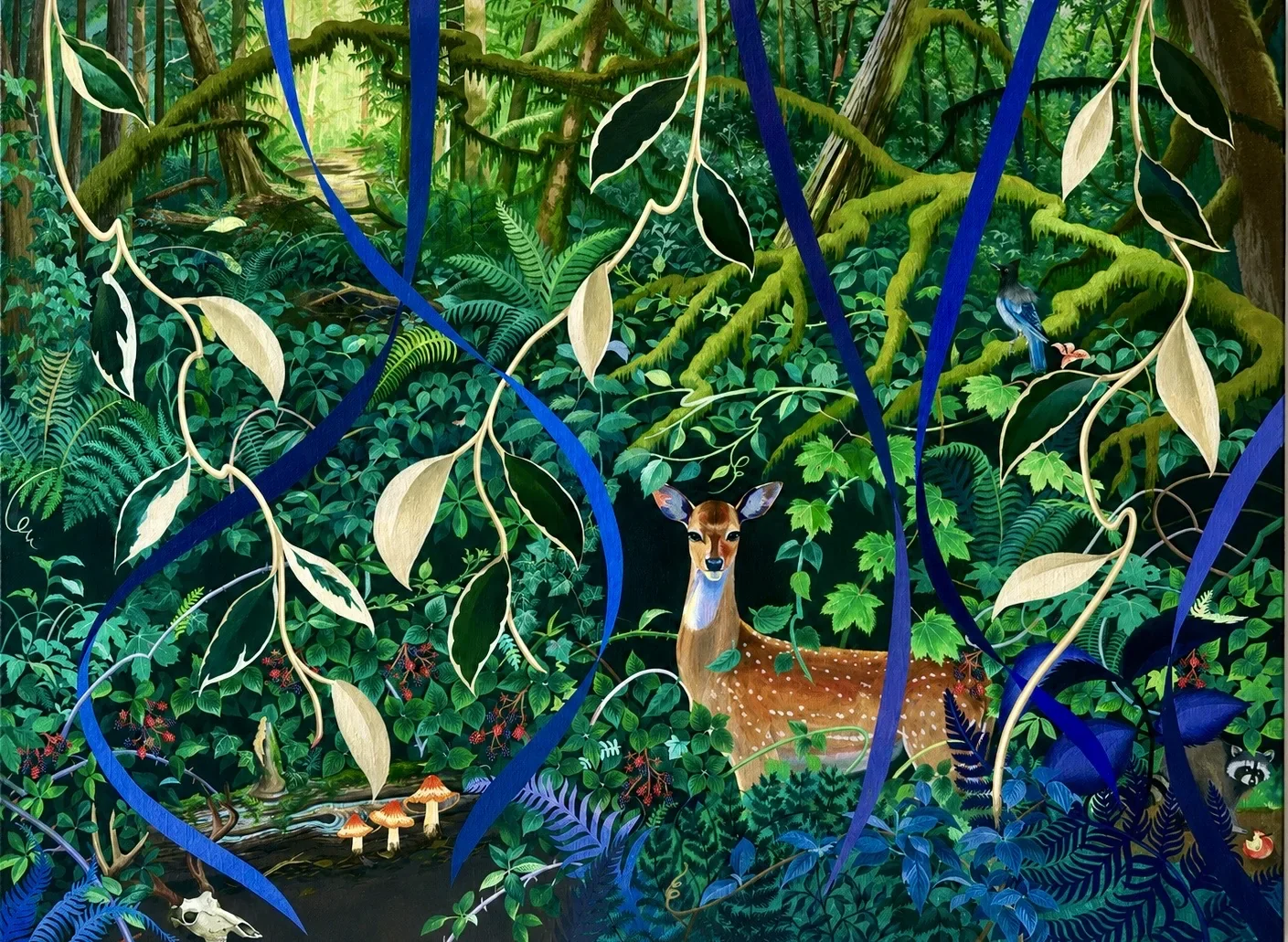 Surreal botanical painting by Haruko Mori featuring a deer surrounded by dense forest foliage and flowing blue vines in vivid green tones.