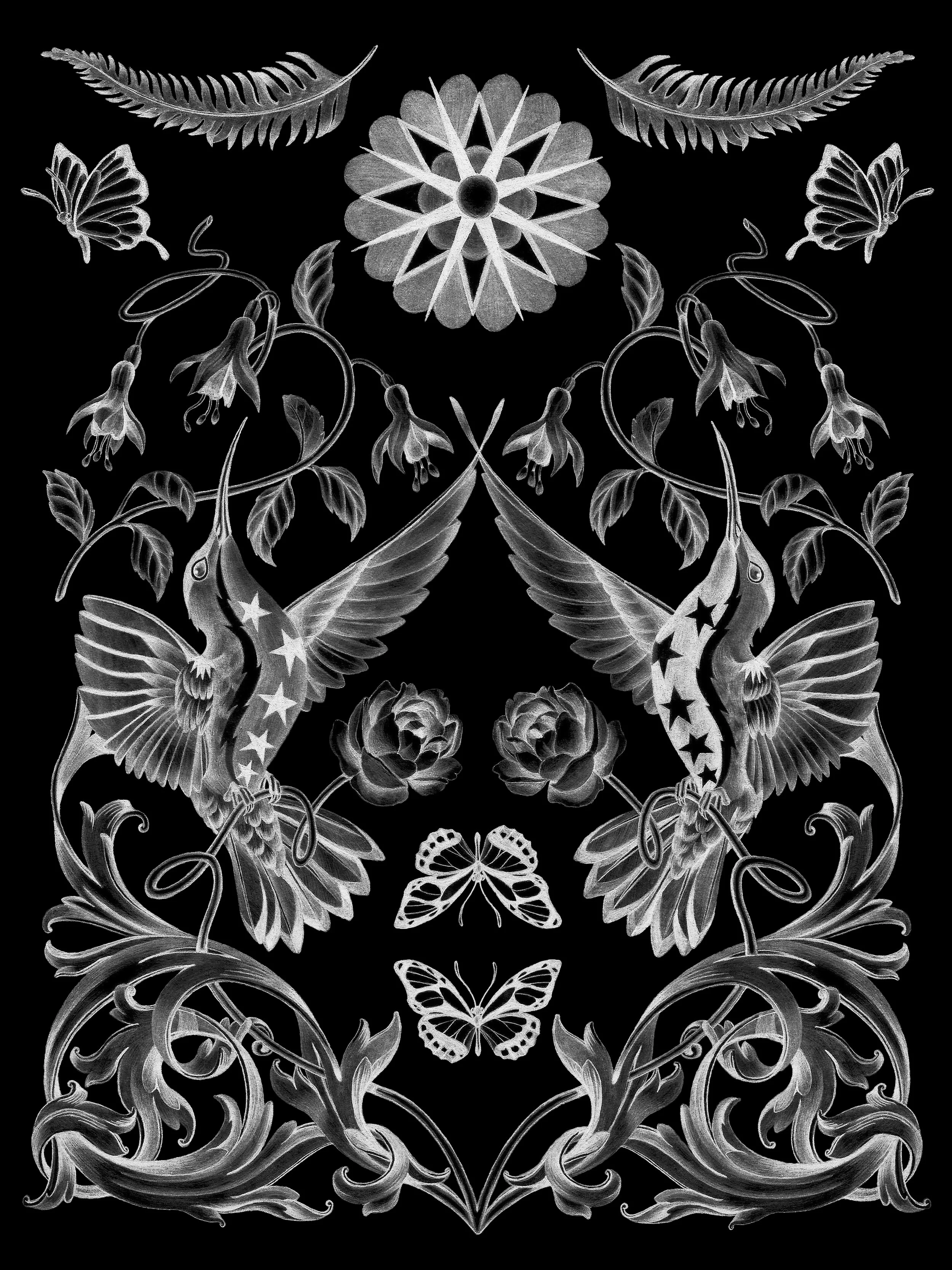 Surreal monochromatic painting by Haruko Mori combining mirrored hummingbirds, butterflies, and flowing botanical ornamentation in a dreamlike symmetrical composition.