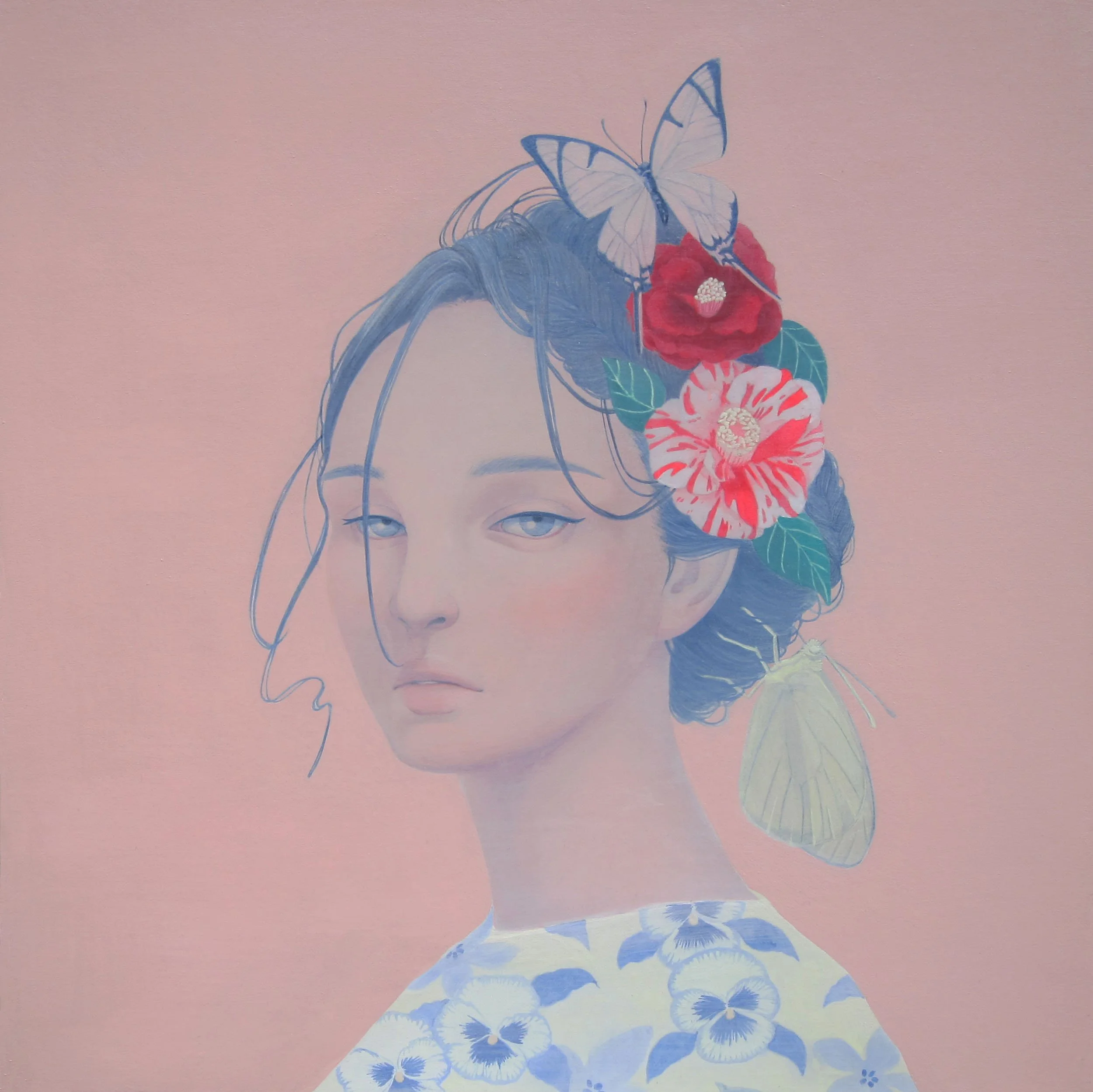 Contemporary figurative painting by Japanese artist Haruko Mori depicting a young woman with butterflies and camellias, blending delicate pastel colors with dreamlike Japanese aesthetics.