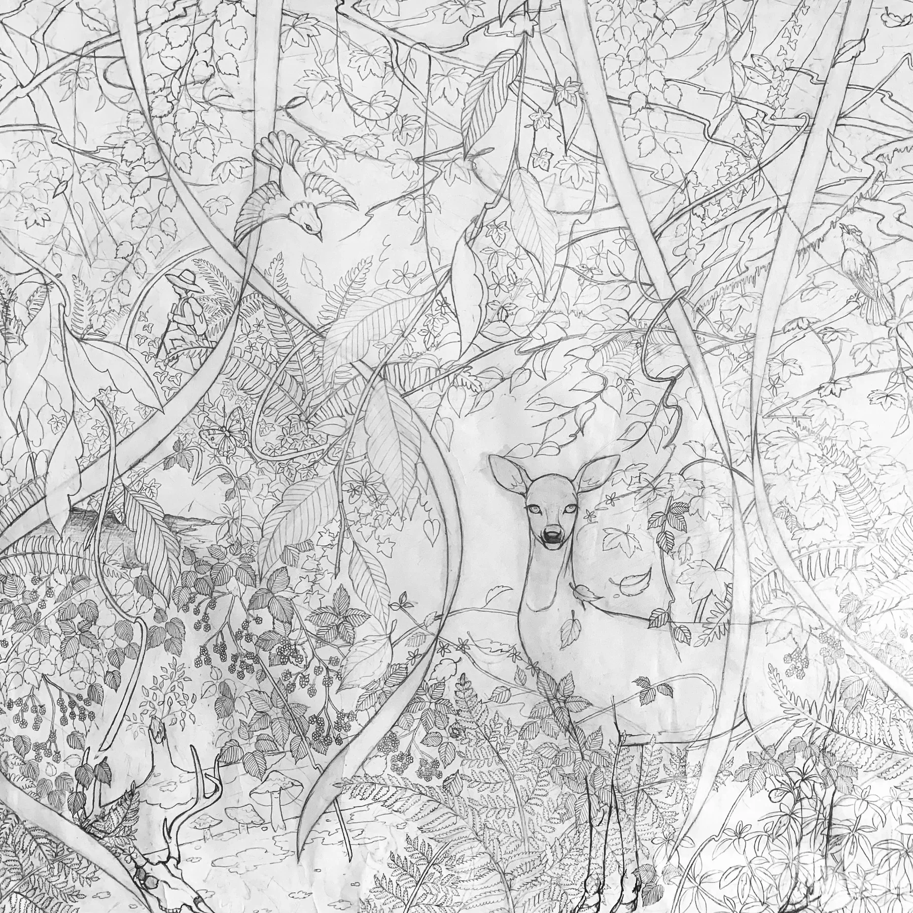 A detailed line drawing featuring a jungle scene with various plants, flowers, leaves, vines, and animals including a bird, a deer, a butterfly, and human.