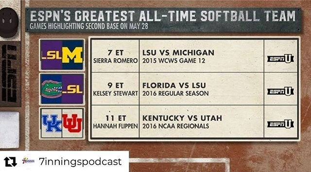 🥎SOFTBALL ON TV TONIGHT🥎 Hit the couch and turn on @ESPNU then vote for the &ldquo;Greatest Ever&rdquo; College Second Baseman!! ✨
https://www.espn.com/college-sports/story/_/id/29176315/women-college-world-series-vote-determine-espn-greatest-all-c