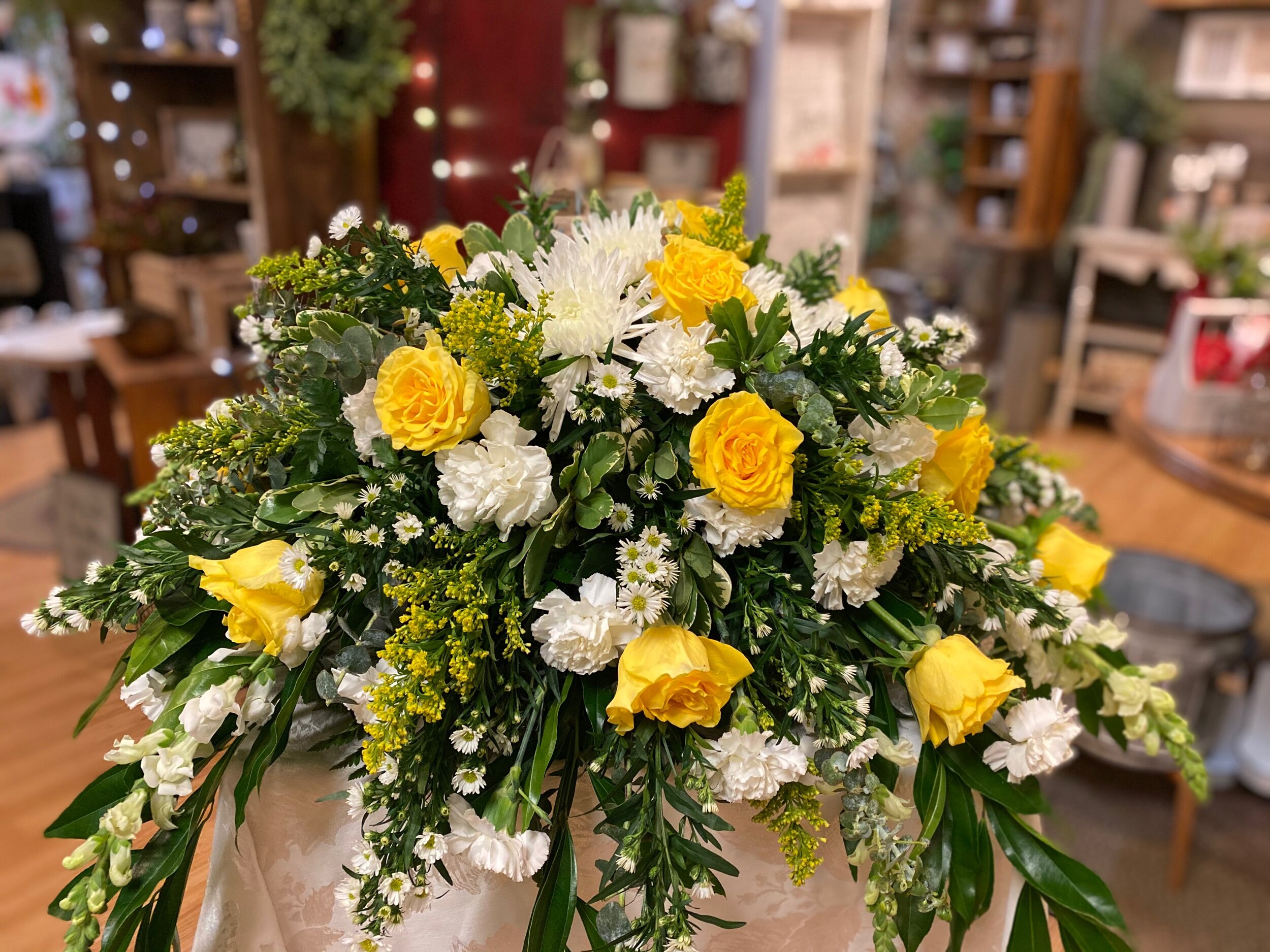 Yellow and White Casket Spray