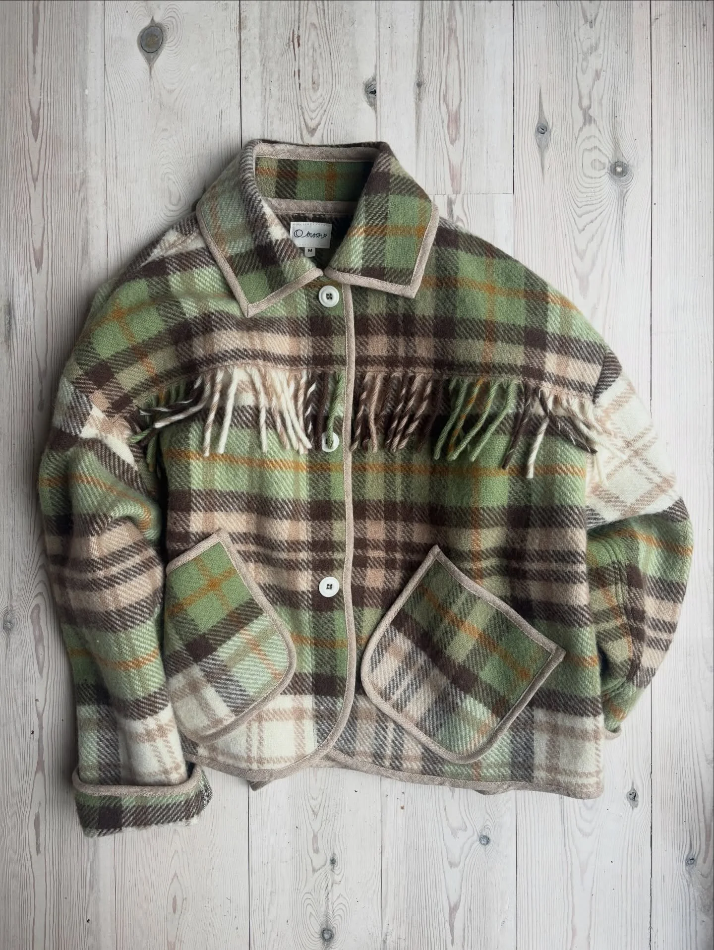 A small but perfect collection of Picnic blanket jackets. Dropping tonight at 8pm (UK time)

Each one unique, made from a repurposed wool blanket. 

In order of photos:

Pistachio green and coffee, Medium

Blue/green, Small

Ecru Stewart, Medium

Blu