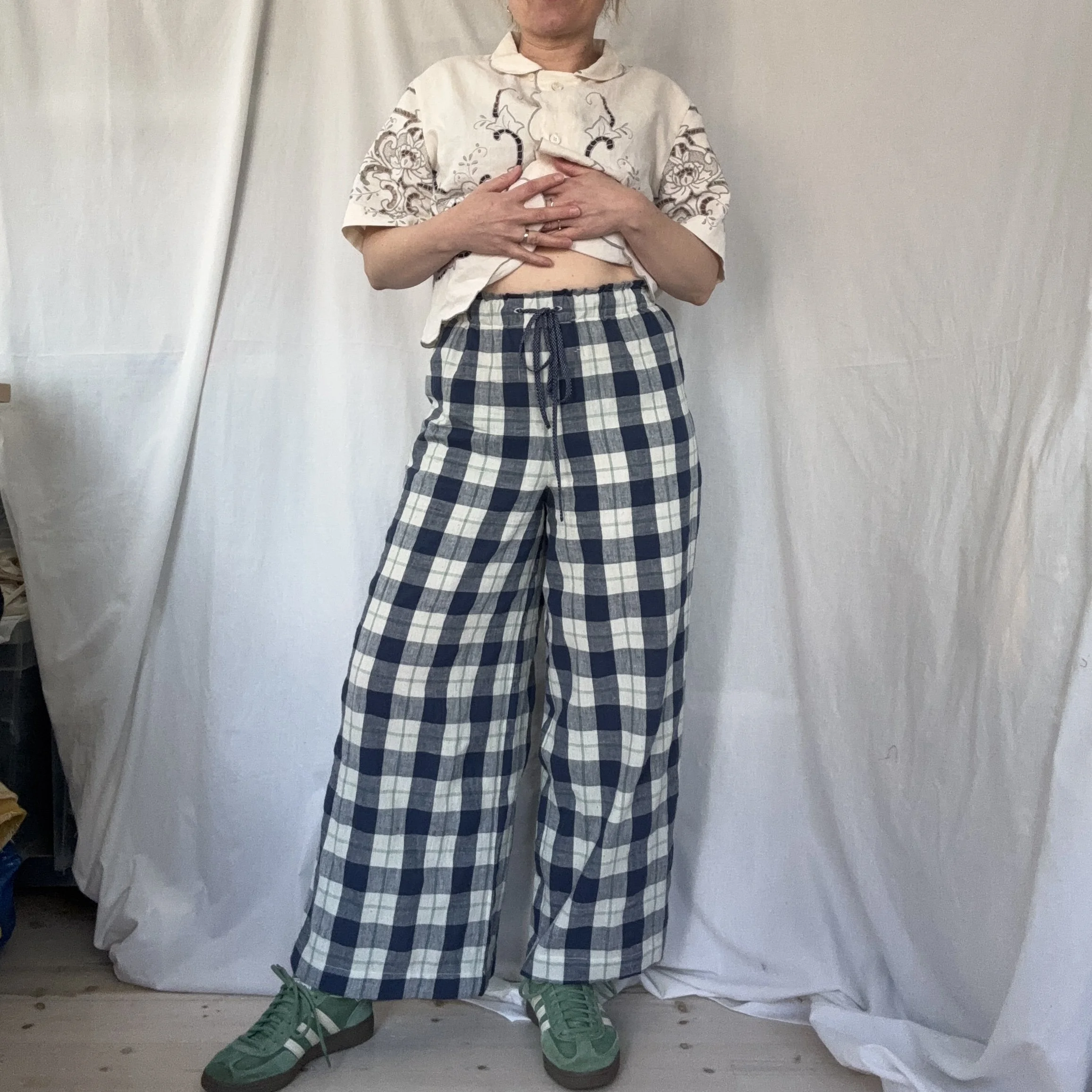 Women's Summer Wide Leg Trousers - Mid blue/sea glass check