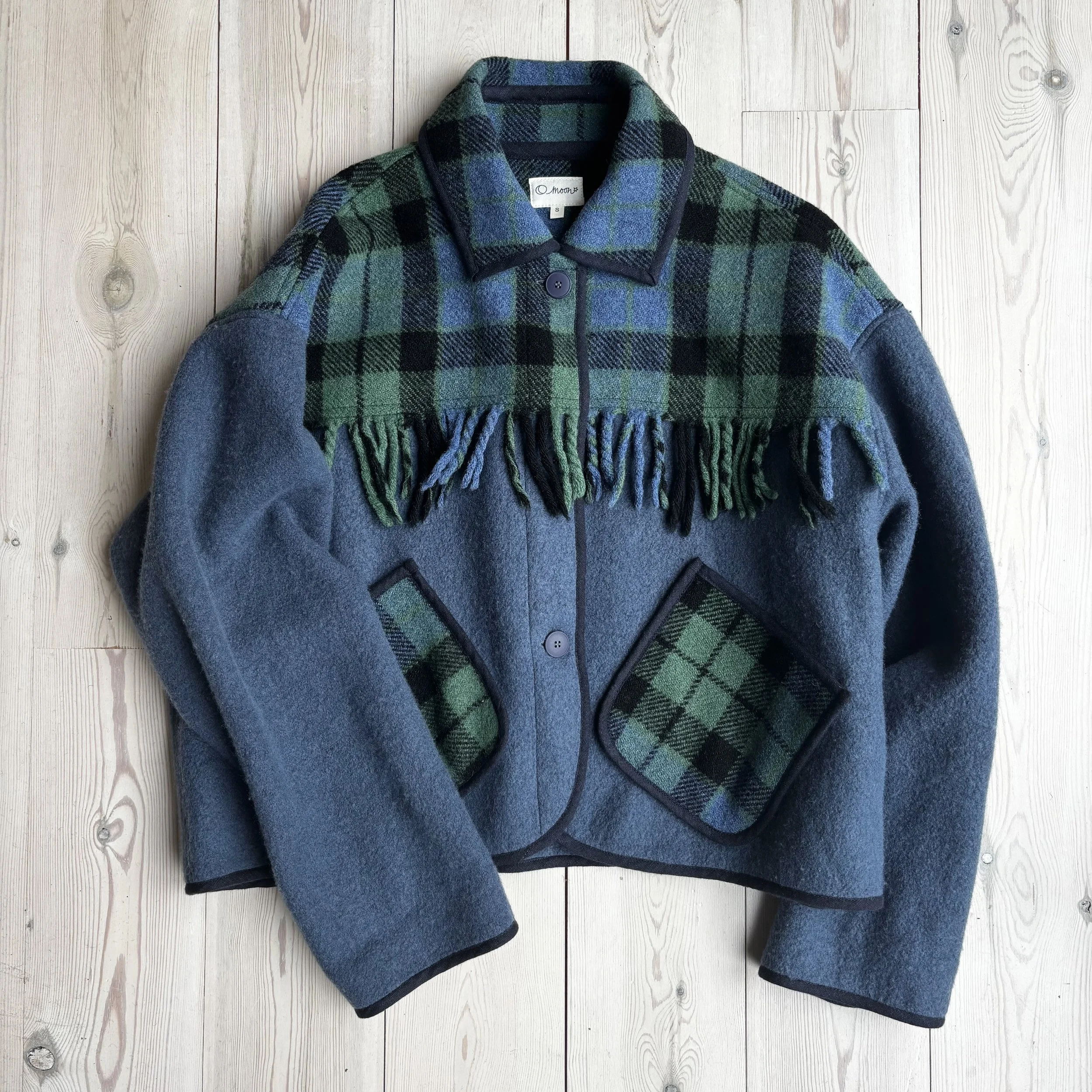 Women's Dusty blue/Emerald check Fringed Wool Picnic Blanket Jacket - Small