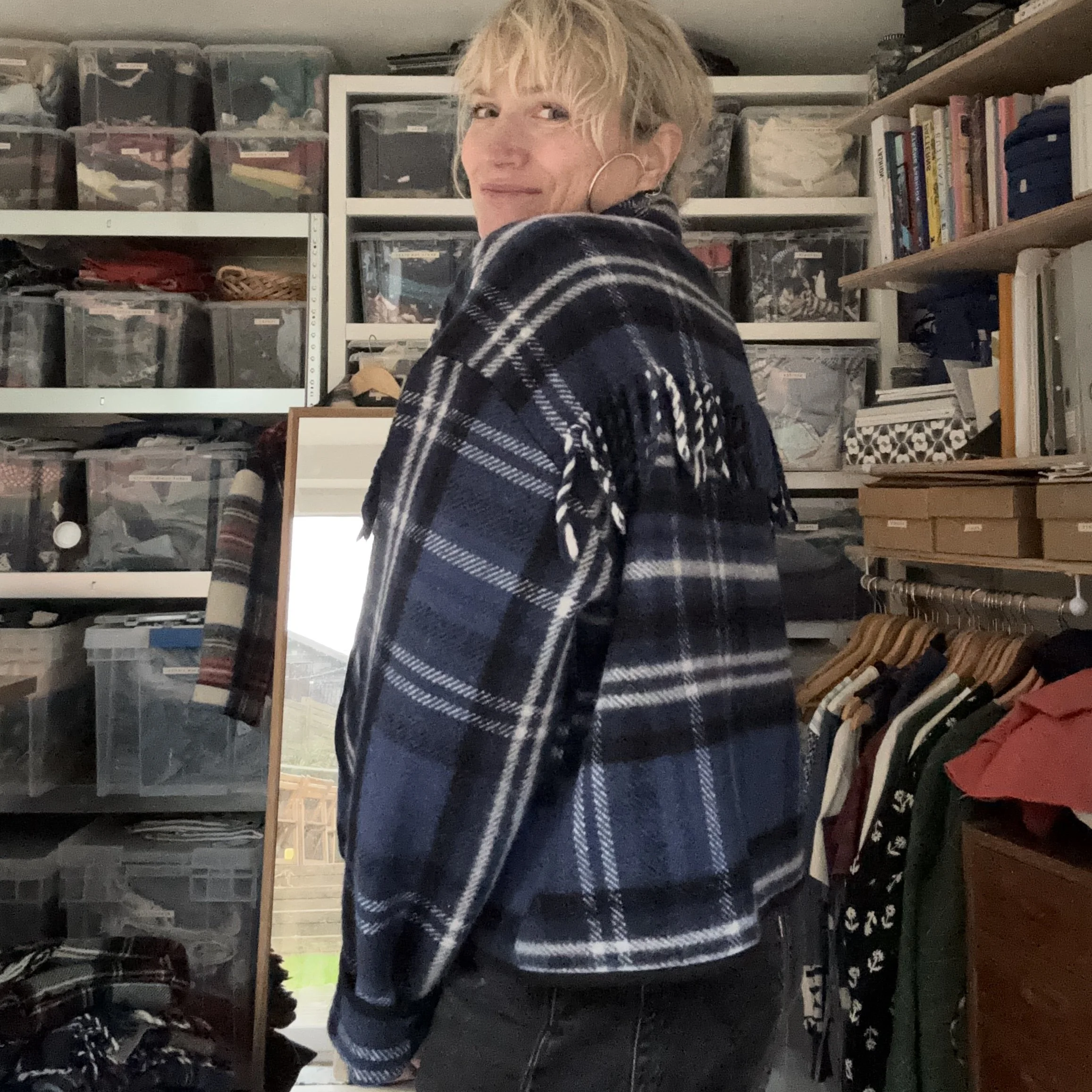 Women's Dark blue check Blanket Jacket - Small