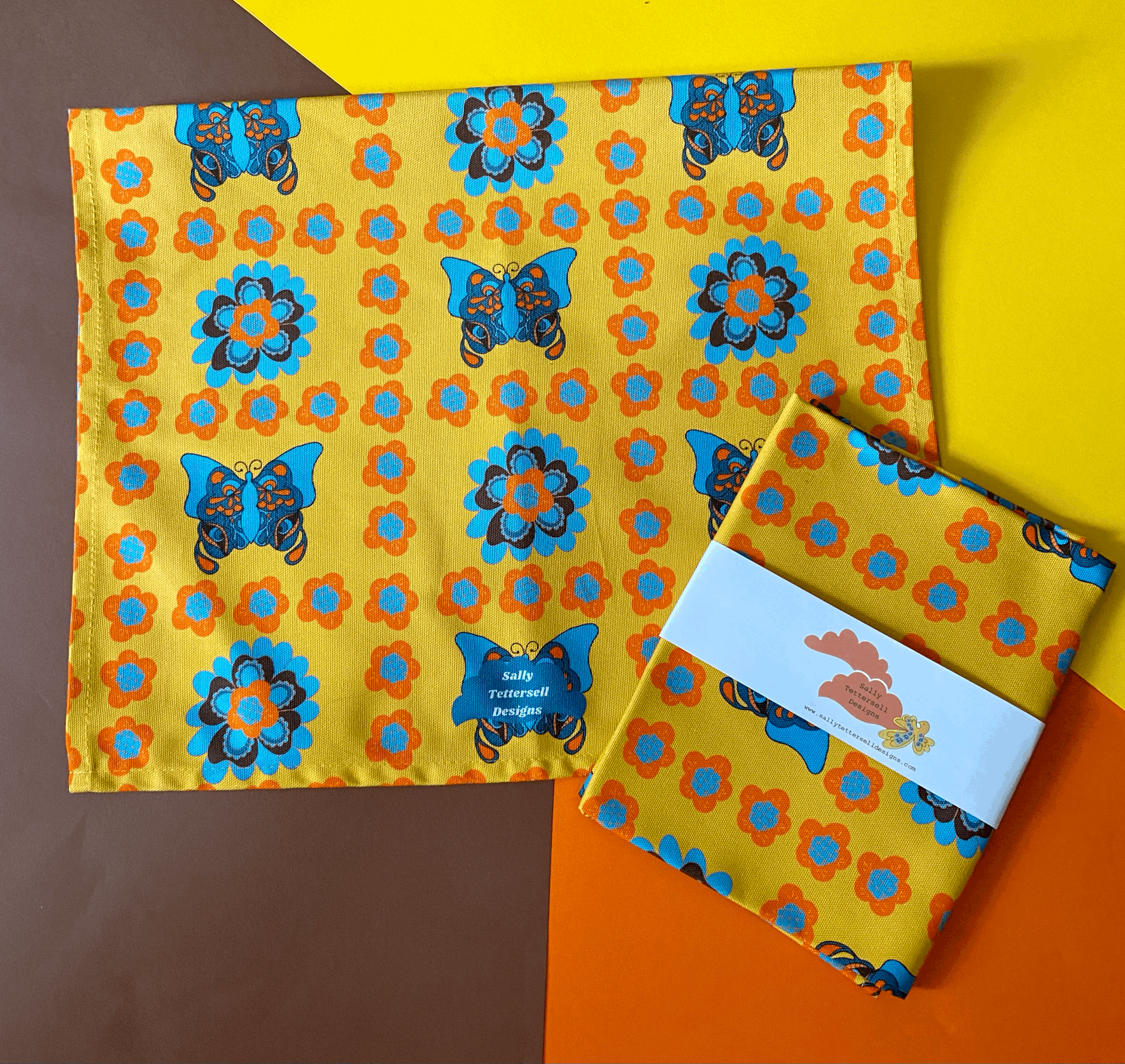 Sally Tettersell Designs Summer of love Butterfly flower patch work, 1970's, retro inspired Tea Towel