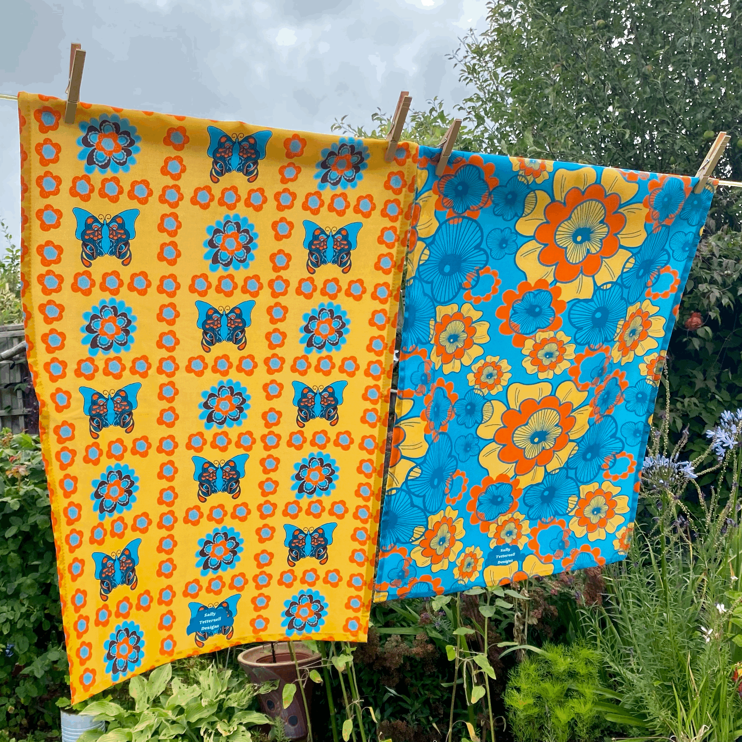 Sally Tettersell Designs Summer of love flower power retro 1970's inspired Tea Towel