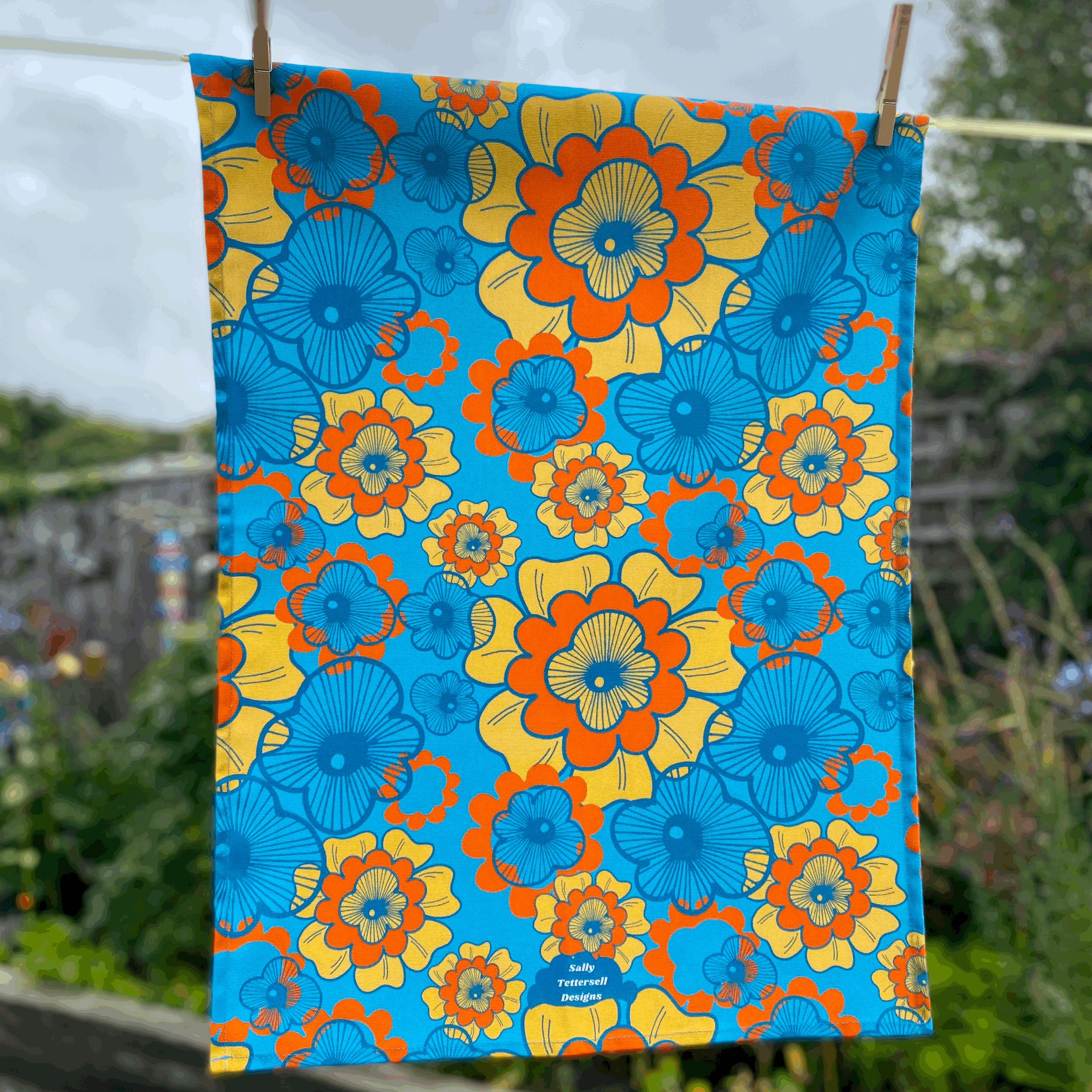 Sally Tettersell Designs Summer of love flower power retro 1970's inspired Tea Towel