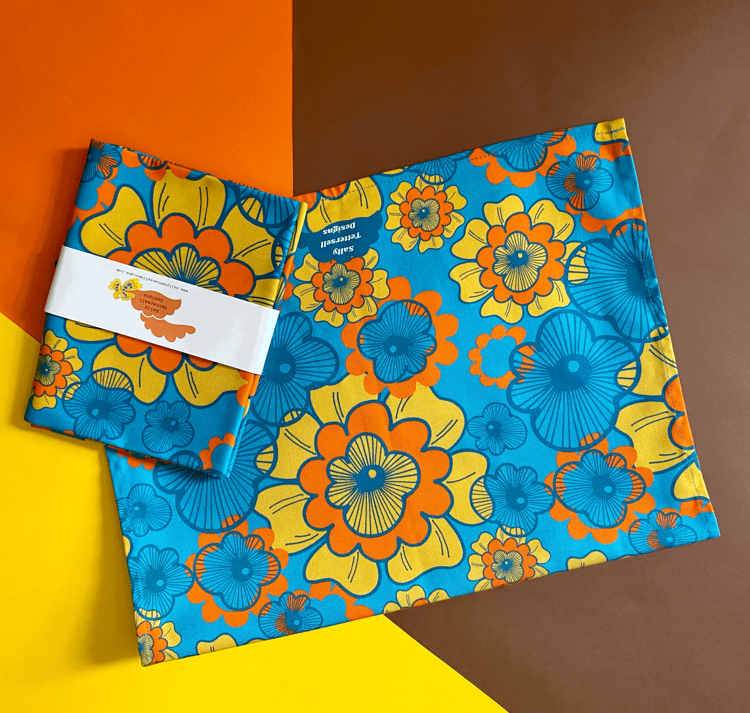 Sally Tettersell Designs Summer of love flower power retro 1970's inspired Tea Towel