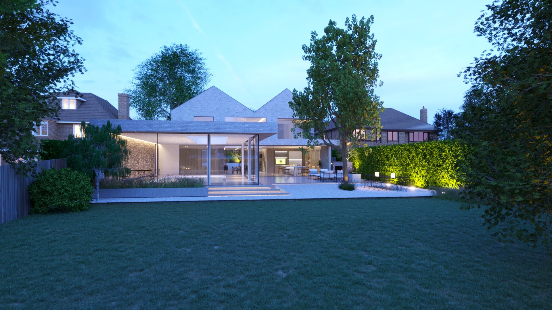Modern House Garden Rear Night