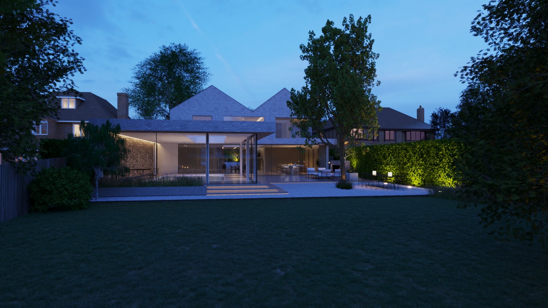 Modern House Night Brick Garden