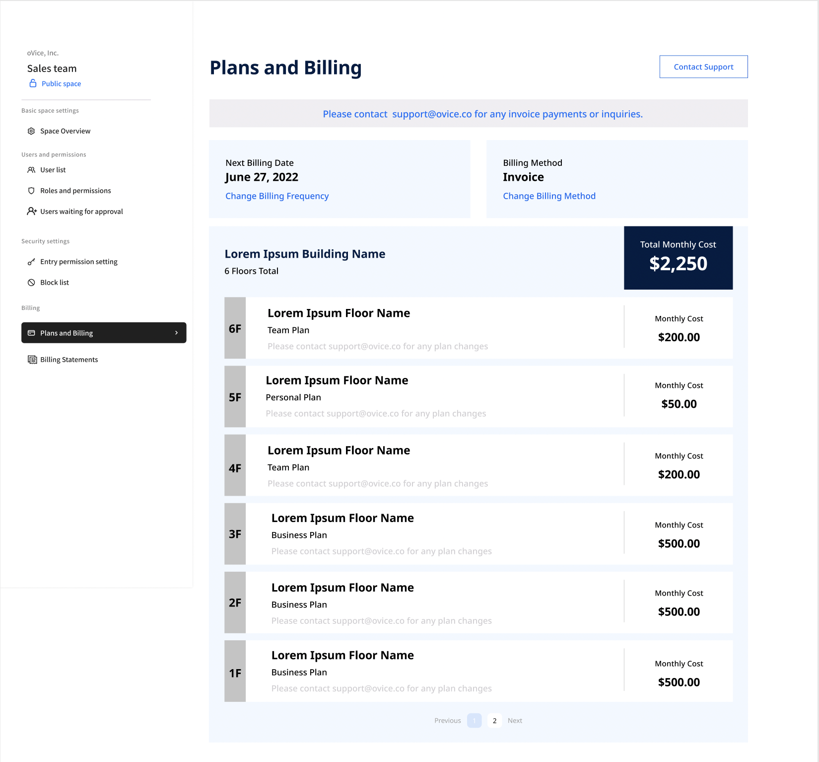 Billing information of floors and pricing