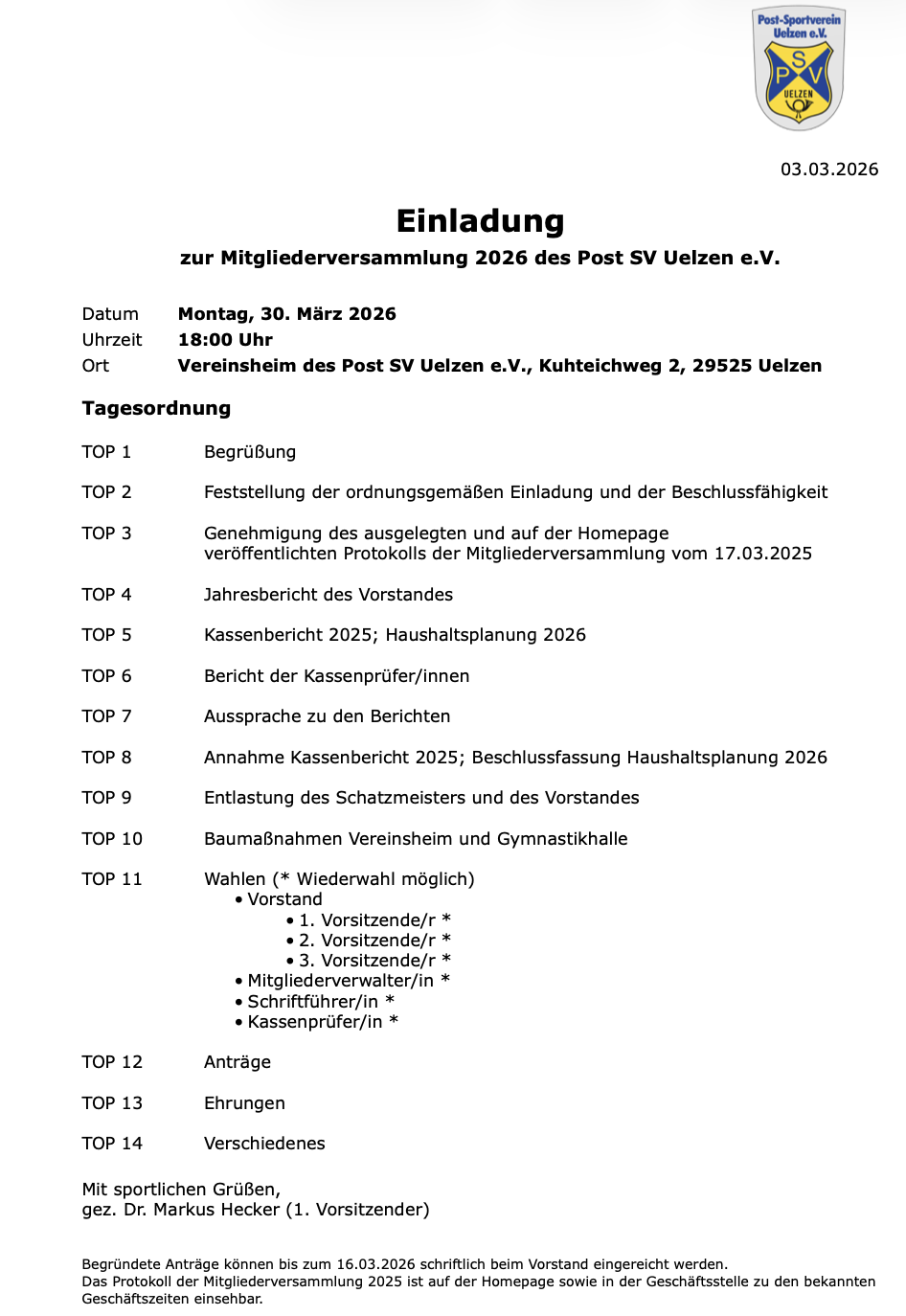 Mitgliederversammlung am 30. März 2026