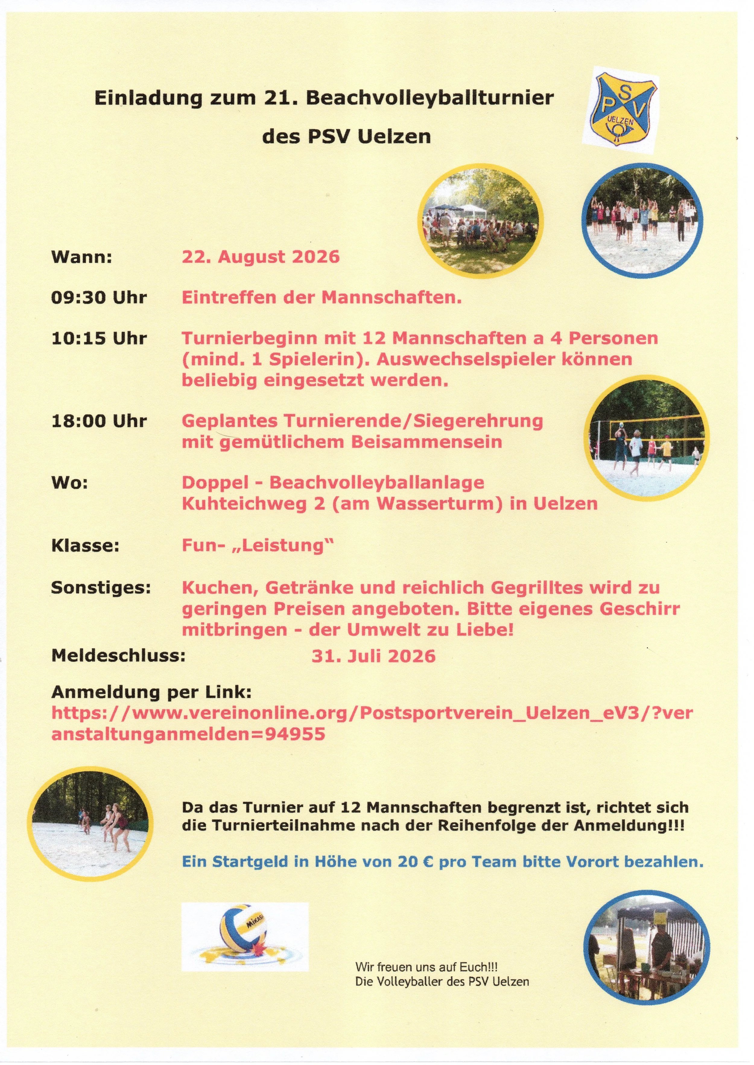 Einladung zum Beachvolleyballturnier des PSV Uelzen am 22. August 2026