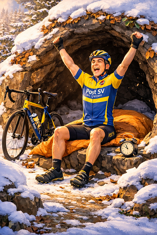 Rennradfahrer im gelb-blauen Trikot des Post SV Uelzen streckt sich jubelnd vor einer schneebedeckten Höhle, neben ihm stehen Rennrad und Wecker – humorvolle Szene zum Saisonstart nach der Winterpause.
