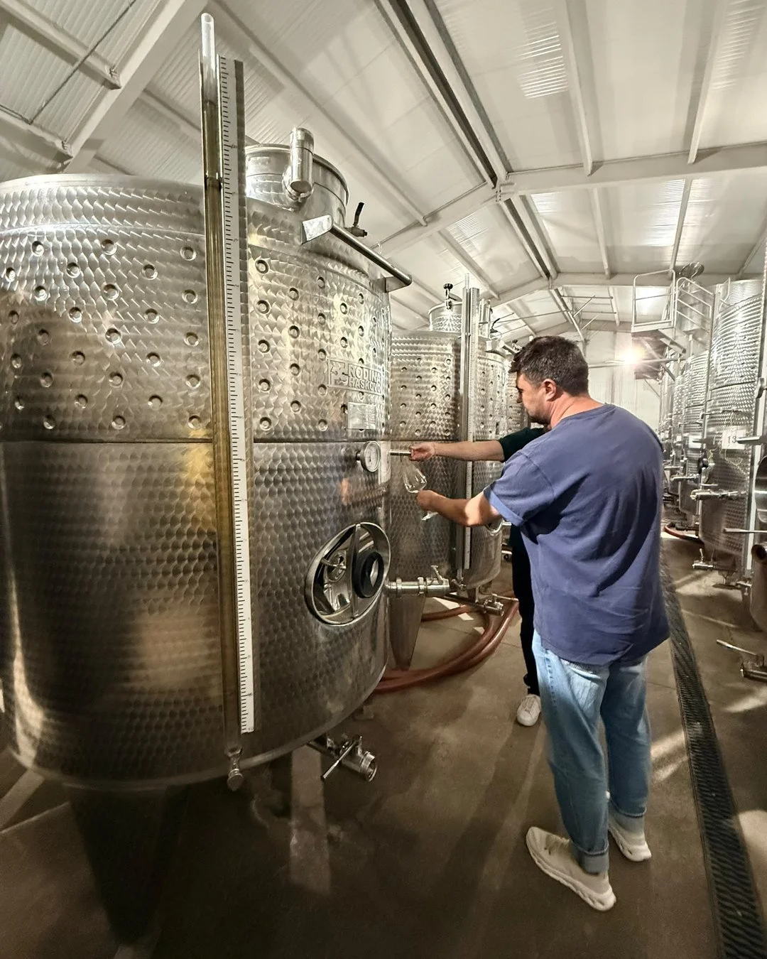 Svetoslav Stoyanov, wine export consultant, inspecting steel fermentation tanks in a Bulgarian winery