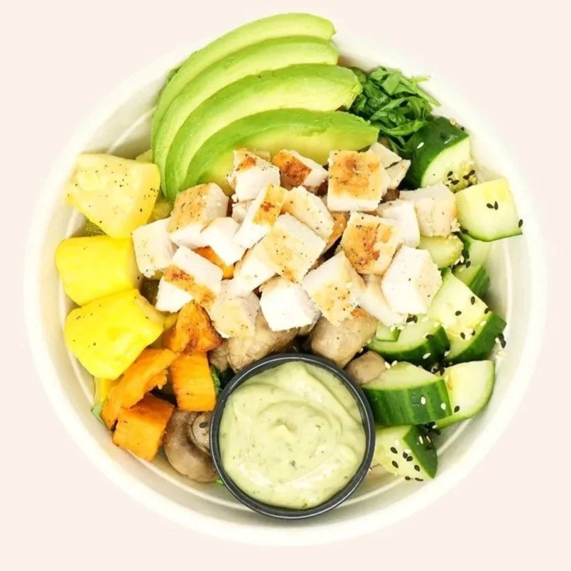 CHICKEN BUDDHA - All natural chicken, quinoa, sweet potato roasted mushroom, zucchini, squash, arugula, cucumber, avocado, sesame seeds, green goddess dressing.