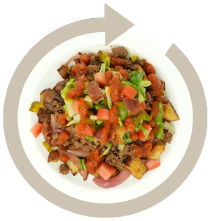 Plate of chili with ground beef, diced tomatoes, chopped celery, and kidney beans.