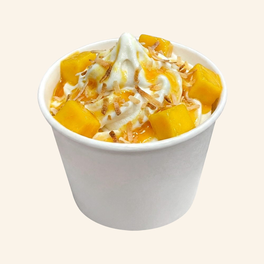 MANGO TURMERIC - Superfood soft serve made with organic coconut and vanilla bean, turmeric ginger glaze, fresh mango,
toasted coconut.