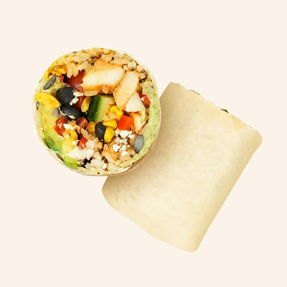 SOUTH WEST CHICKEN - Chipotle chicken, jasmine rice, black beans, cotija cheese, cucumber, bell peppers, corn, tomato,
avocado salsa, in a flour wrap. Contains Gluten