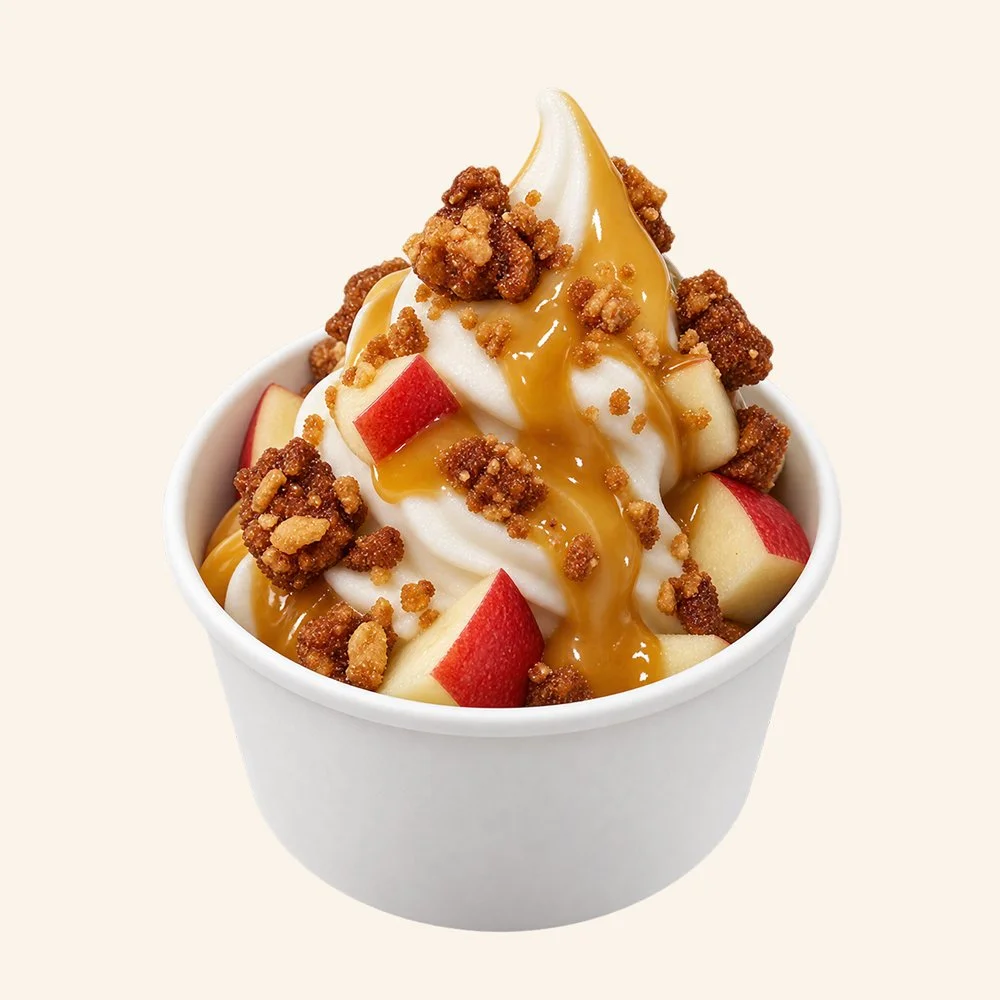 APPLE CARAMEL - Maple cinnamon organic soft serve, Honeycrisp apple, topped with candied cashews and housemade caramel.