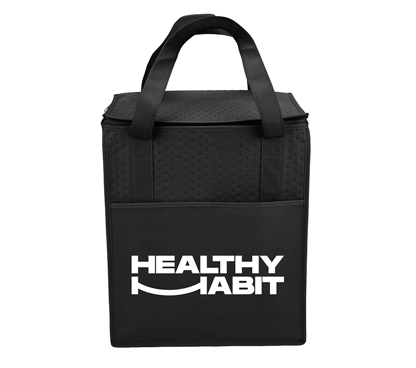 Black insulated lunch bag with a front pocket, handles, and the words 'Healthy Habit' printed on the front.