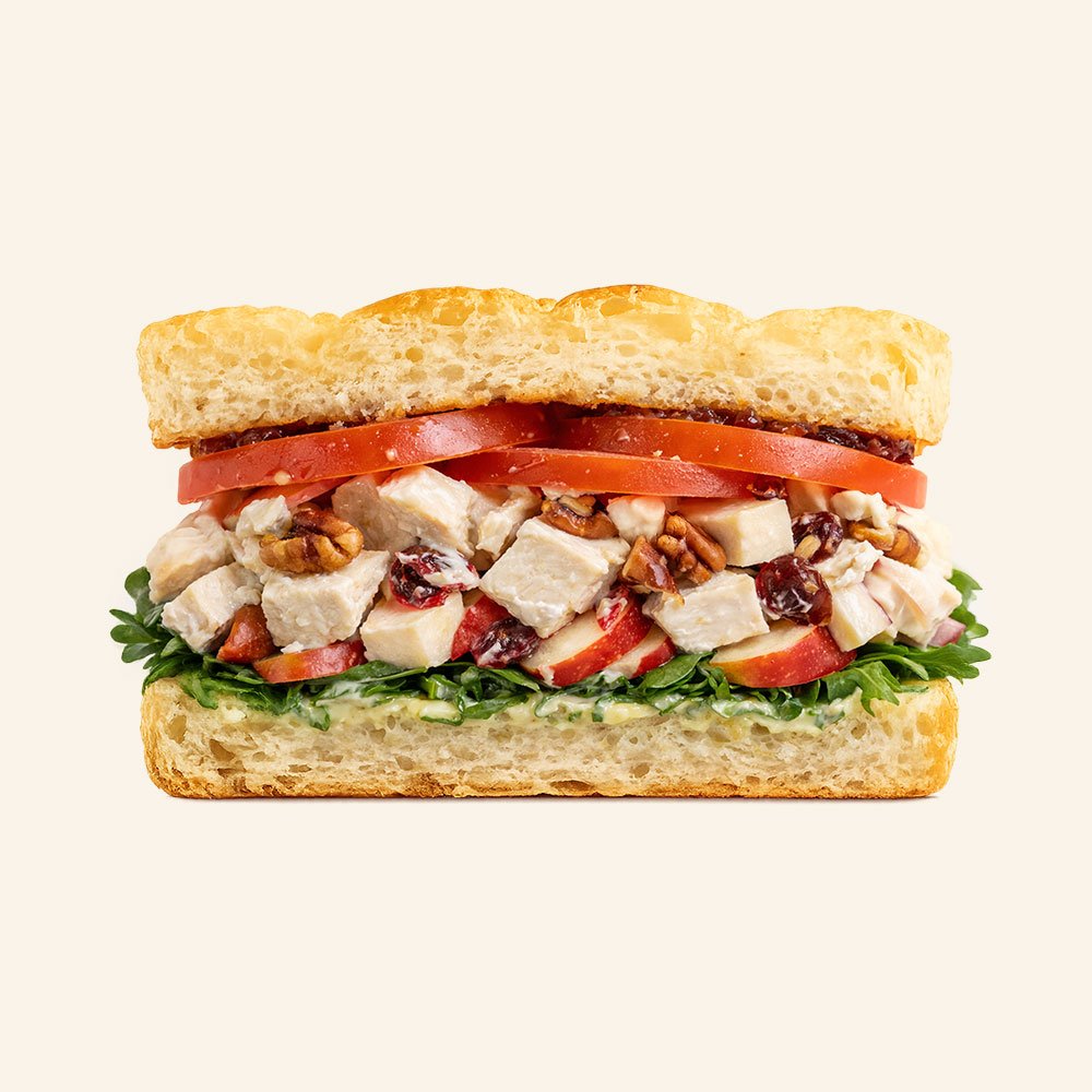 CHICKEN SALAD - Housemade organic focaccia, chicken salad with celery and cranberries, apple, tomato, pecan pieces, romaine with garlic aioli.