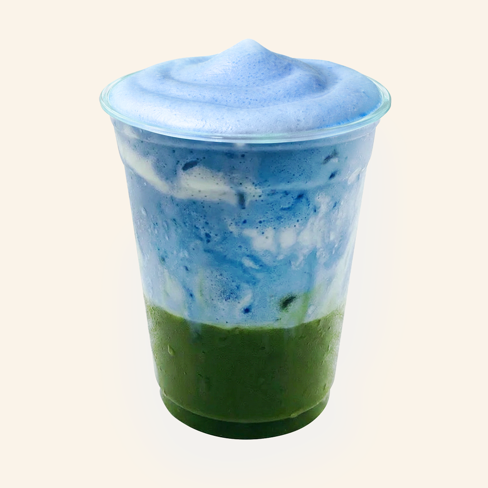 BLUE COCO MATCHA - Organic matcha, coconut milk, butterfly pea blue matcha coconut foam, coconut flakes.