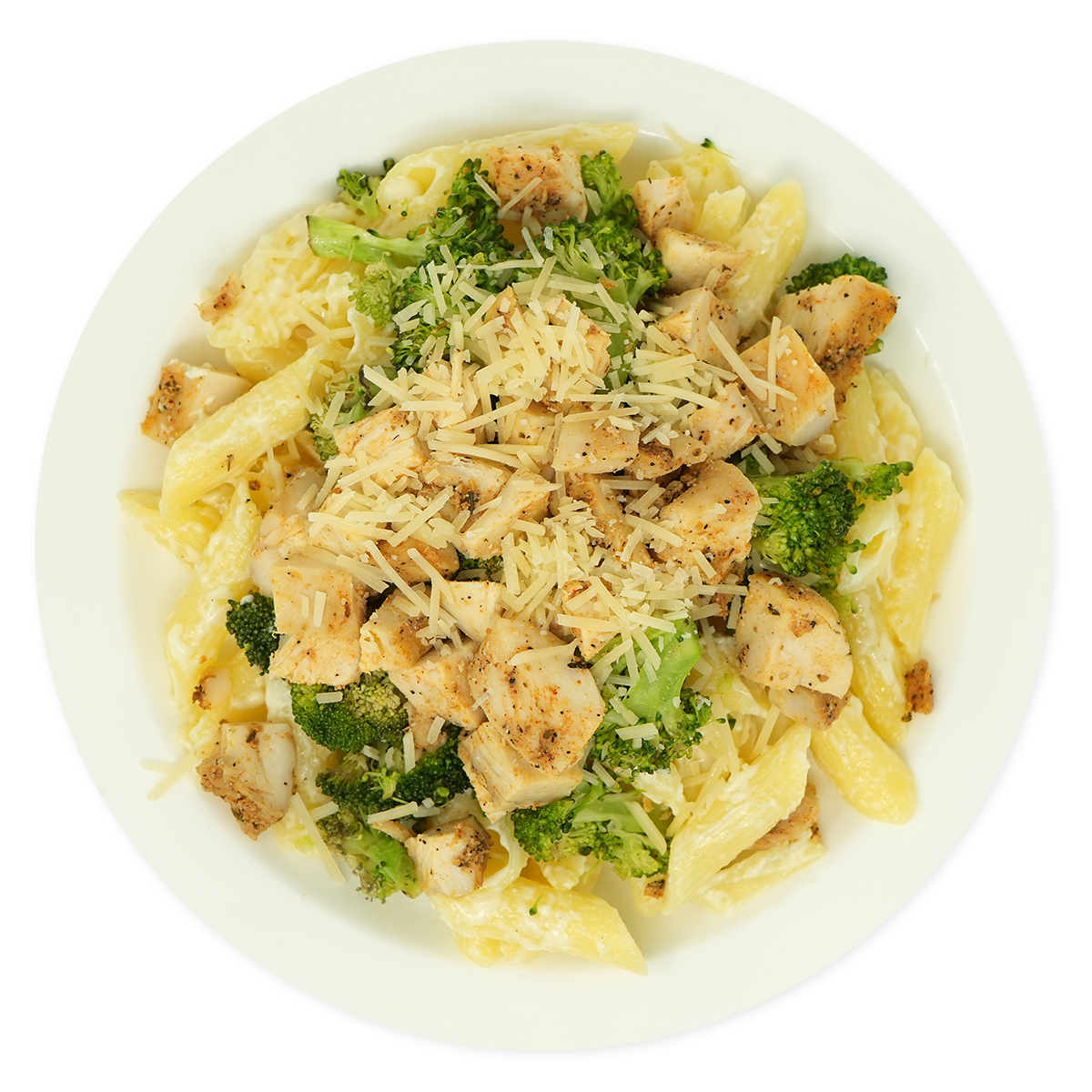 Chicken Caesar pasta salad with broccoli, Parmesan cheese, and shredded cheese in a white bowl on a black background.