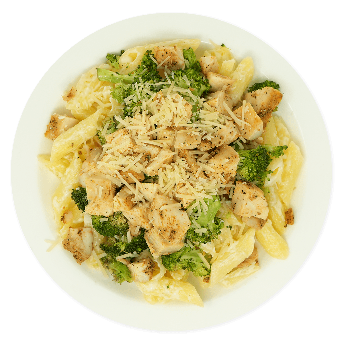 Pasta salad with broccoli, grilled chicken pieces, shredded cheese, and pasta in a white bowl