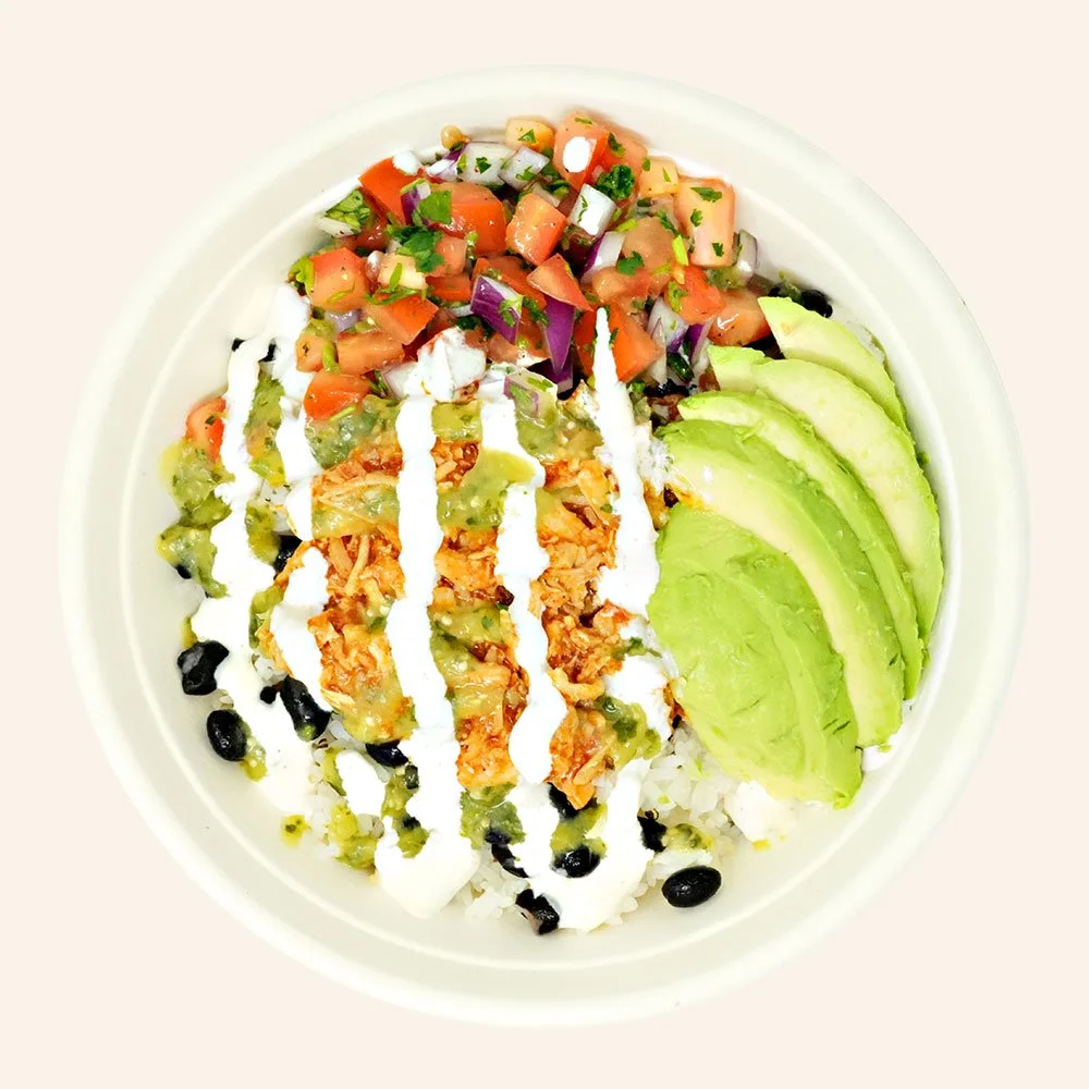 CHICKEN BARBACOA - Chicken barbacoa, black beans, avocado, pico de gallo, over jasmine rice with a Baja ranch and salsa verde drizzle.