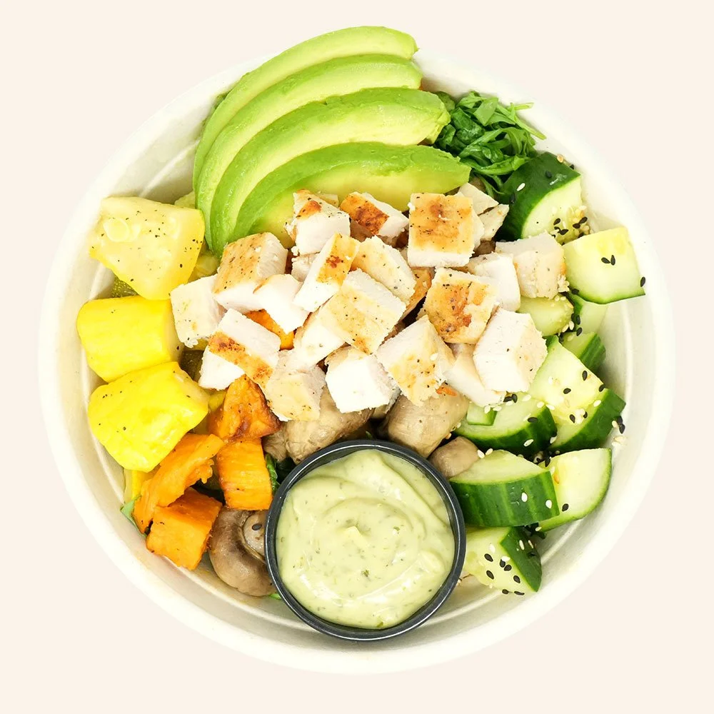 CHICKEN BUDDHA - Roasted chicken, quinoa, roasted mushroom, zucchini, squash, sweet potato, arugula, cucumber, avocado, sesame seeds, green goddess dressing.