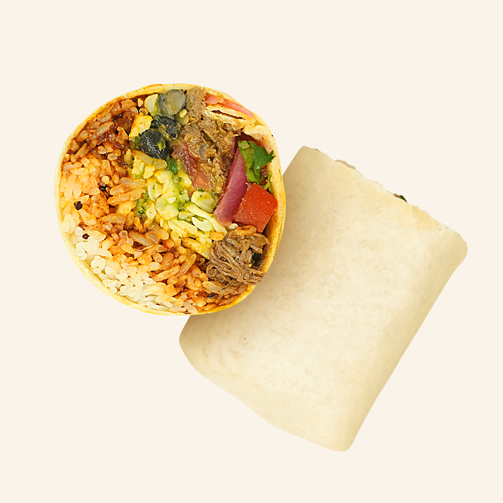 BEEF BARBACOA - Grass-fed beef barbacoa, pico de gallo, rice, black bean, avocado, pickled onions, candied jalapenos, cheddar jack cheese
and a smokey adobo sauce in a tortilla.