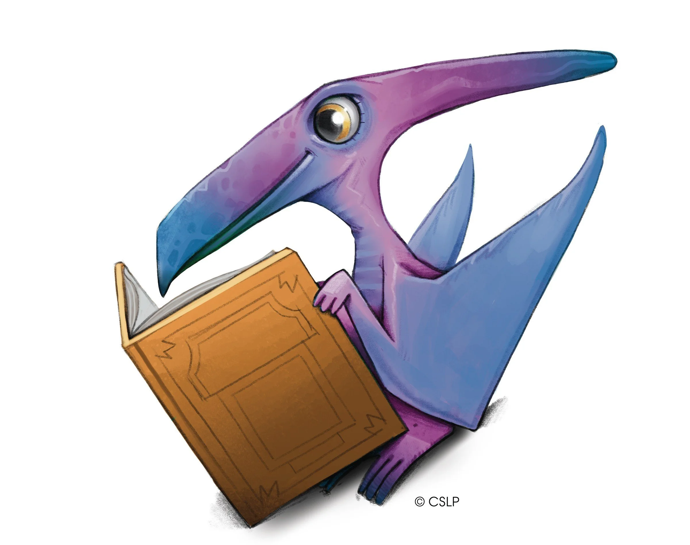 cartoon pterodactyl reading a book