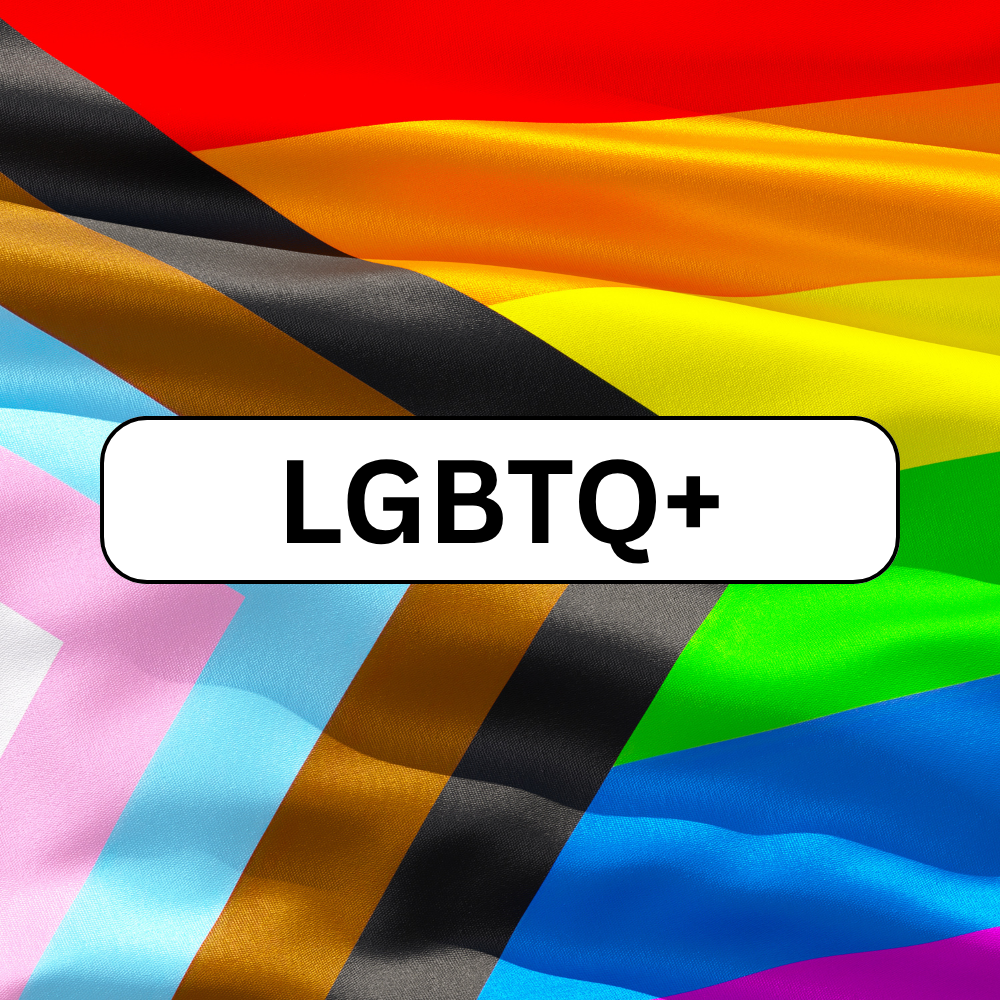 LGBTQ+ with flag background